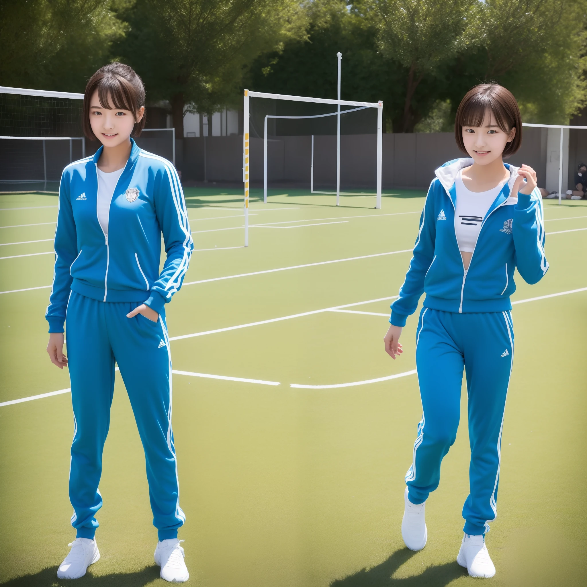 1 very beautiful female junior high school student,Wear blue and white tracksuits,Play volleyball on the school playground,Super high value,perfect body figure,Beautiful ultra-short hair,Delicate hair,Fair face and skin,There are beads of sweat hanging down,Have fun on the playground,The breasts are full and huge:1.5,Chest hyperexcion,(The tracksuit on the chest is high and bulging, Tightness and bulging:1.5),Delicate fair and soft toes,White detailed fingers,fully body photo