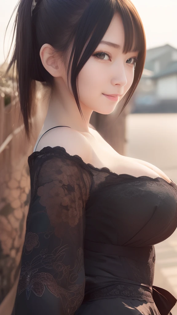 (masutepiece:1.3), (High resolution:1.1), (Detailed beautiful face), Detailed beautiful black eyes,
girl with, 20 years old,
8K, Best Quality, Realistic, 超A high resolution, photographrealistic,
Japanese, Smile, slim, Huge breasts, ,
Dress up,
Walking,poneyTail