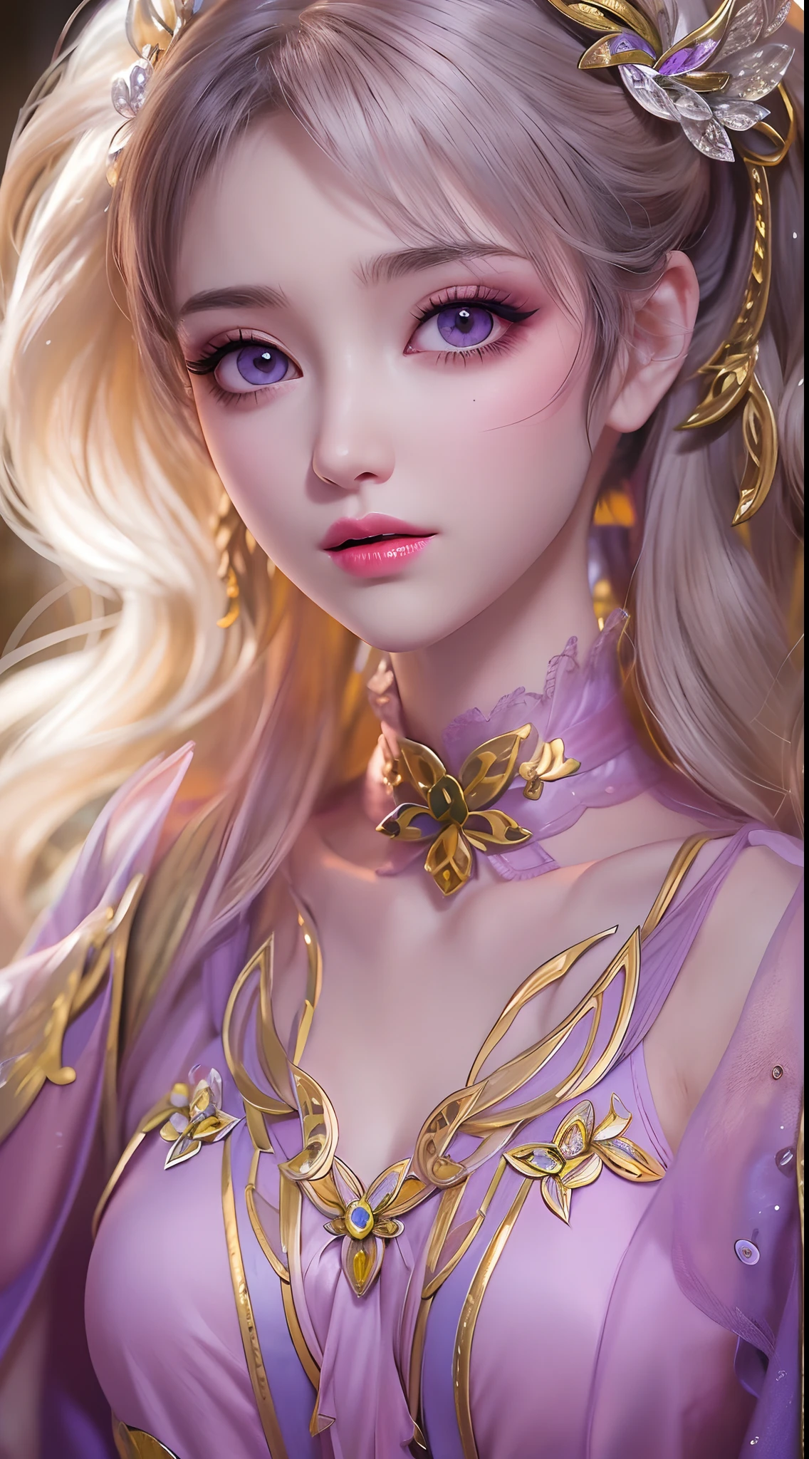 1 20 year old girl, 1 goddess Athena, pink purple silk dress, beautiful goddess Athena face without blemishes, delicate yellow nightgown, long thin sequin nightgown with many sexy black lace details, female saint legend, female saint icon, beautiful goddess style glitter, dark and mysterious version, vermilion lips, plump red lips, not smiling, mouth closed, detailed and delicate images beautifully, delicate and beautiful lip detail, (pure and flawless face: 1.9), female saint body, moderate breasts, ((Super Breast Lift:1.4)), breasts are round and regular,super tight breasts, phoenix brooch, long flat bangs, (((double ponytail: 1.8))), flower stickers tattoo on forehead, beautiful clear face and well-proportioned eyes, (light purple eyes: 1.8), (big round eyes and makeup, sexy wet eye makeup, very beautiful and meticulous hair makeup, long and delicate blonde hair, delicate, body image: 1.8), figure: and vivid, (stars that make up the sky: 1.7), (the sky of heaven and the fictitious gate of time and space: 1.8), fictional art, RAW photos, hanfu photos, best photos, high resolution, best quality, best photos, best goddess quality, 8k female, super 8 single saint portraits, truest color schemes, masterpieces, best beauty brands, best hair jewelry, brand real photo, dark studio, border light, two-tone lighting, (rose white skin: 1.4), (high skin detail: 1.1), 8k uhd, soft light, 8k, high quality, candid, volume Smooth and sharp, 10x pixel increase, sexy goddess, (background space: 1.8), (most beautiful aurora eyes: 1.7), beautiful eyes, aurora beautiful and flowery, (beautiful single girl: 1.8), (more details:0.8),
