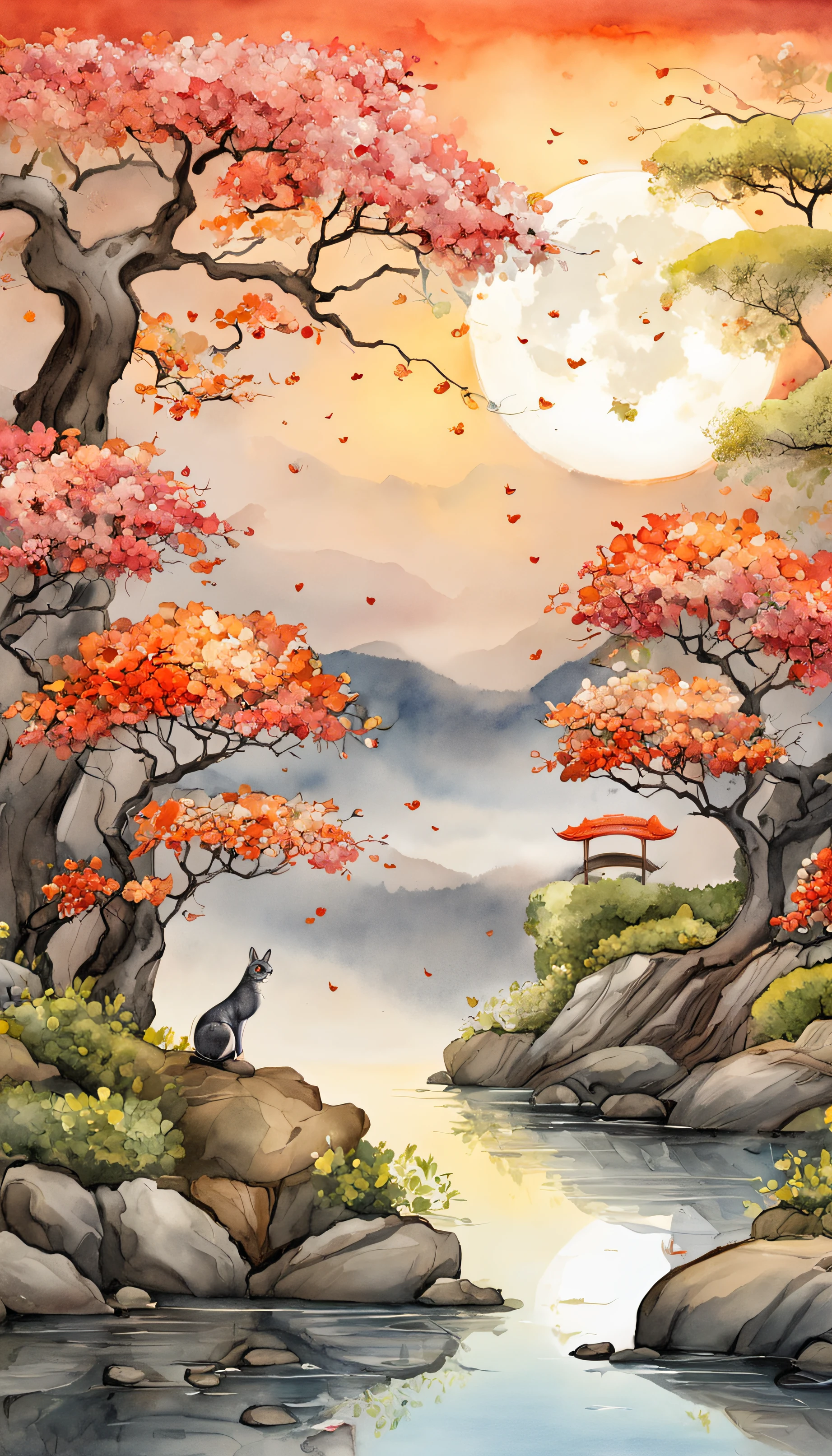 /imagine prompt: Osmanthus Forest，Bloom full of osmanthus flowers，An incense case in a glade in the forest，Case a plate of mooncakes，A white rabbit before the incense case，Look up at a huge full moon in the sky，The moon is surrounded by colorful clouds，Antique painting style，Photography, a high-resolution DSLR，Equipped with a 50mm prime lens, --AR 16:9 --V 5