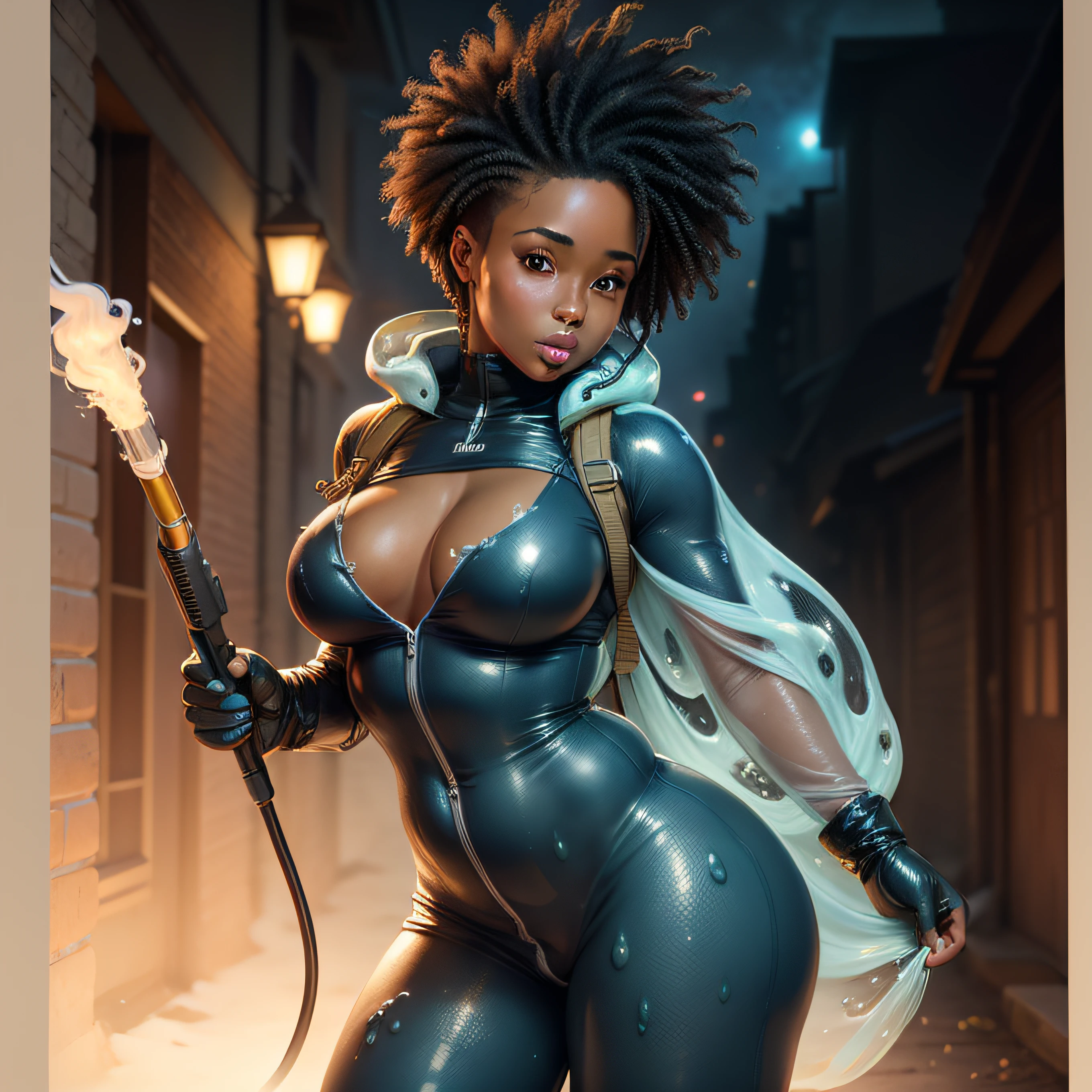 "(Highest picture quality), (Prioritizing the exceptional image quality and astonishing level of detail), generate an awe-inspiring (photorealistic:1.1) a beautiful gorgeous female African American Ghostbuster, body covered in slime, night time, sexy, erotic, ghosts, cute, artwork portrait, adam hughes,  sexy."