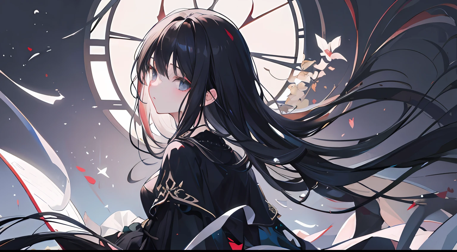 masterpiece, beautiful detailed glow, top quality, Where are my heart and soul gone?, Left alone, falling off, those days and volition Forever and more, black hair, long hair, black dress