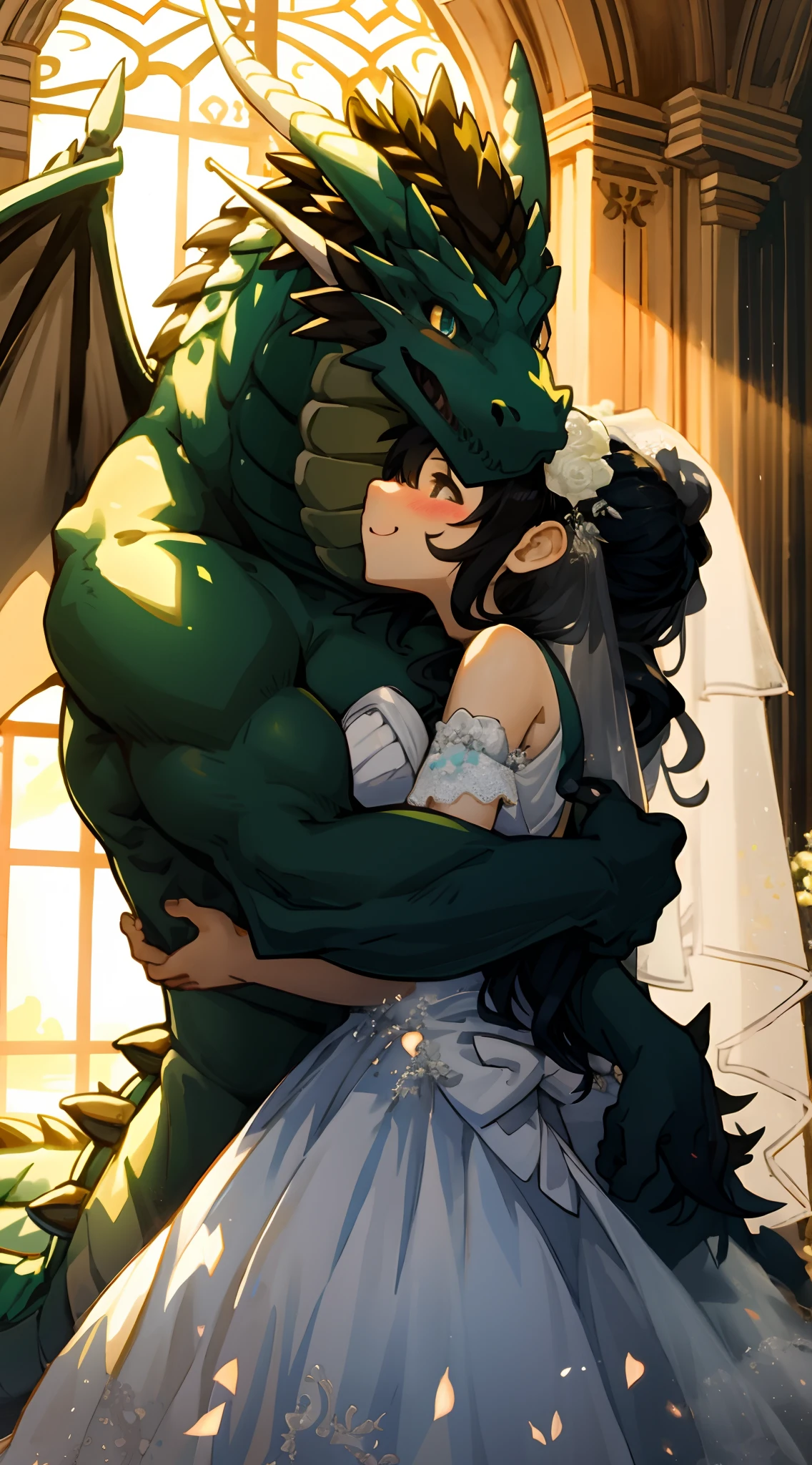 highres, top quality, best quality, paid reward available, High-quality illustrations, unparalleled masterpiece, official art, absurdres, height difference, large dragon hugs girl((wedding Photo of a Dragon and human  girl))girl, wedding dress, girl hugs dragon, Shy laughter, torogao, happy, kiss(beautiful detailed eyes and face)clothes reflecting light, caustics, dynamic lighting, deep shadow,