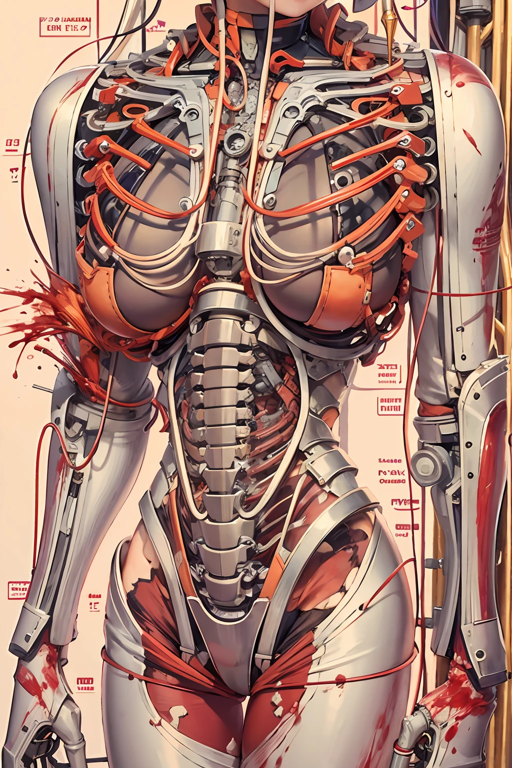 (tmasterpiece,top Quority,best qualtiy,offcial art,Beauty and aesthetics:1.2),(1 mechanical girl:1.3),(Only the upper body:1.4),huge tit,Beheaded at the waist(Exposing internal organs,Mechanical internal organs),blood vess,(Being pierced through the body:1.4 ),Extremely detailed,plethora of colors,Most detailed((ultra - detailed)),(highly detailed CGillustration),((Very fine and beautiful),(From the side Side),(Machine-made joints:1.2),((Mechanical limb)),(Blood vessel attached to tube), (Mechanical vertebrae are attached to the back),((The mechanical cervical vertebrae are attached to the neck)),(sitted),face expressionless,(Wires and cables are attached to the neck:1.2),(Wires and cables on the head:1.2)(Character focus),Science fiction,White background,(bloods:1.5),Tentacle Monster,morden,blood vess,dead body,Fragments of corpses