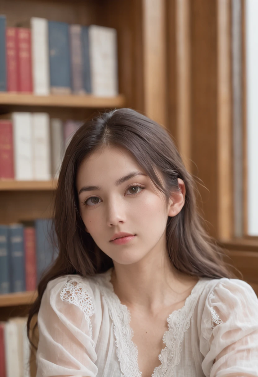 Prompt Merge Capture the serene beauty of a young woman immersed in the peaceful atmosphere of the library. Soft diffused lighting gently illuminates her features, emphasizing her delicate expression and creating a tranquil atmosphere. Library shelves filled with books provide a background of knowledge and wisdom. It focuses on capturing the natural charm and elegance of the model, maintaining the essence of calm and reflective moments. A lovely 21-year-old Japan gravure model with soft, wavy gray-brown hair adorned with ribbons captivates with a seductive look. She wears a white blouse with ruffles, a blue skirt with ruffles, and white ankle socks. Sitting on the bed, she hugs her knees while staring at the camera, exuding a melancholic charm. Create a scene where beauty and ephemerality intertwine. White blouse. White socks.