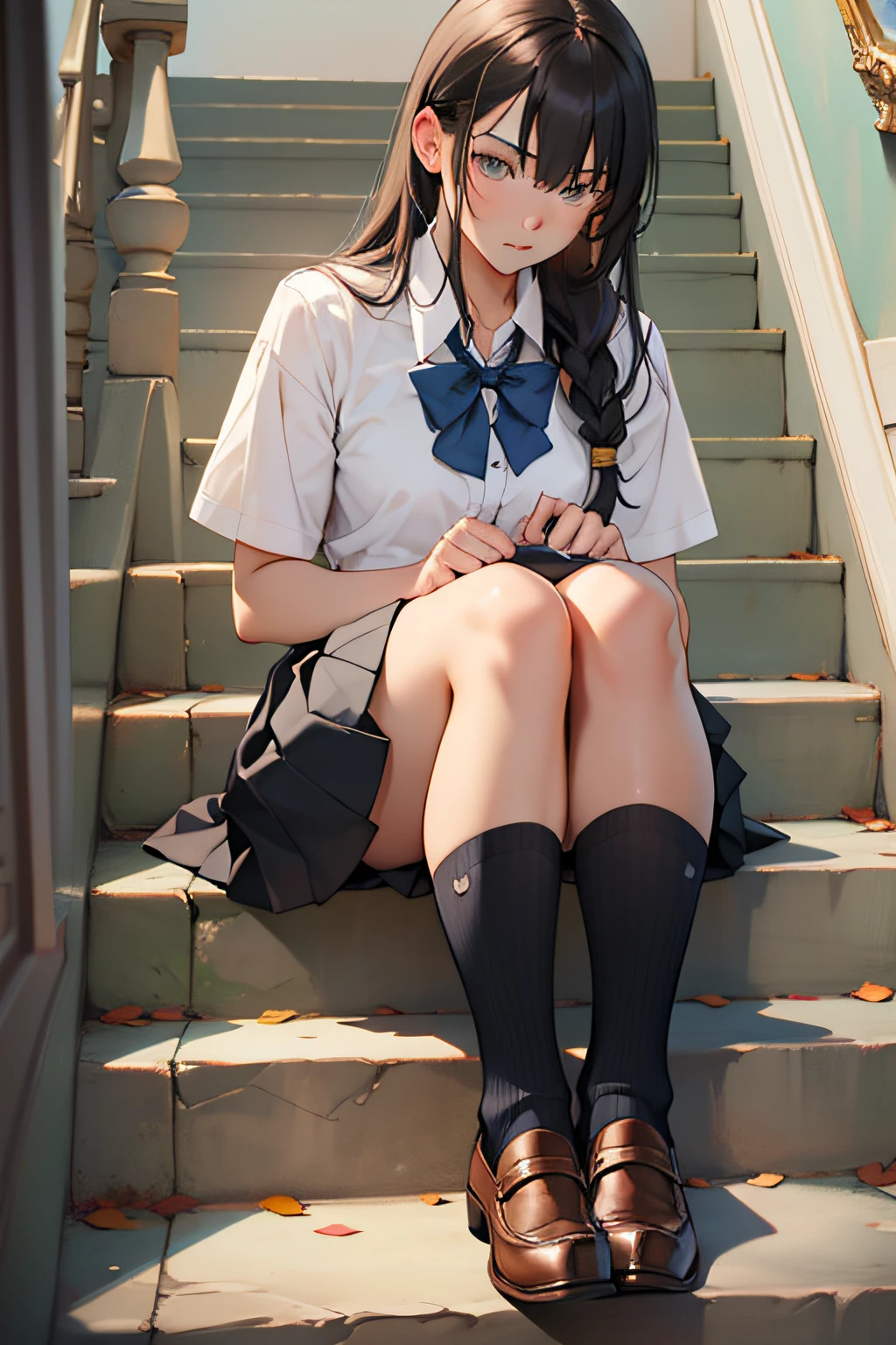 {{Male and female couples}}、Stairs in the house、sitting on stairs、Girl in white blouse and tight skirt、Man's cold gaze、Boys' School Uniform、Girl sitting in man's lap