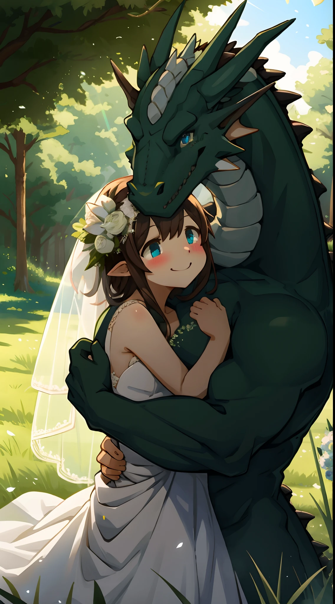 highres, top quality, best quality, paid reward available, High-quality illustrations, unparalleled masterpiece, grass field, absurdres, height difference, large dragon hugs girl((wedding Photo of a Dragon and human girl))girl, wedding dress, girl hugs dragon, Shy laughter, torogao, happy, kiss(beautiful detailed eyes and face)caustics, dynamic lighting, deep shadow, lens flare,