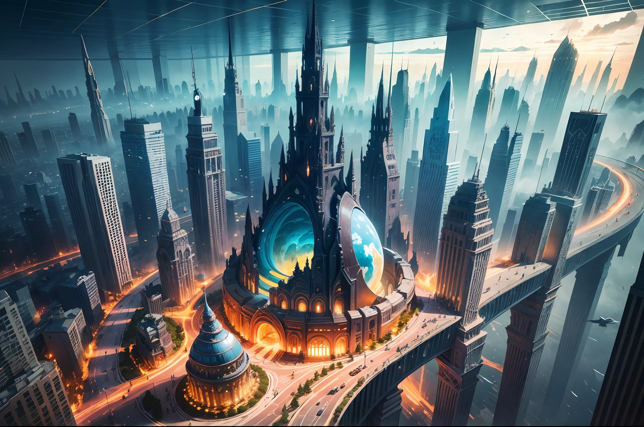 Visualize a bustling cityscape within the hollow Earth's inner realm. Infuse vibrant colors, unique architecture, and advanced technology to portray an otherworldly metropolis teeming with life, ar --auto --s2