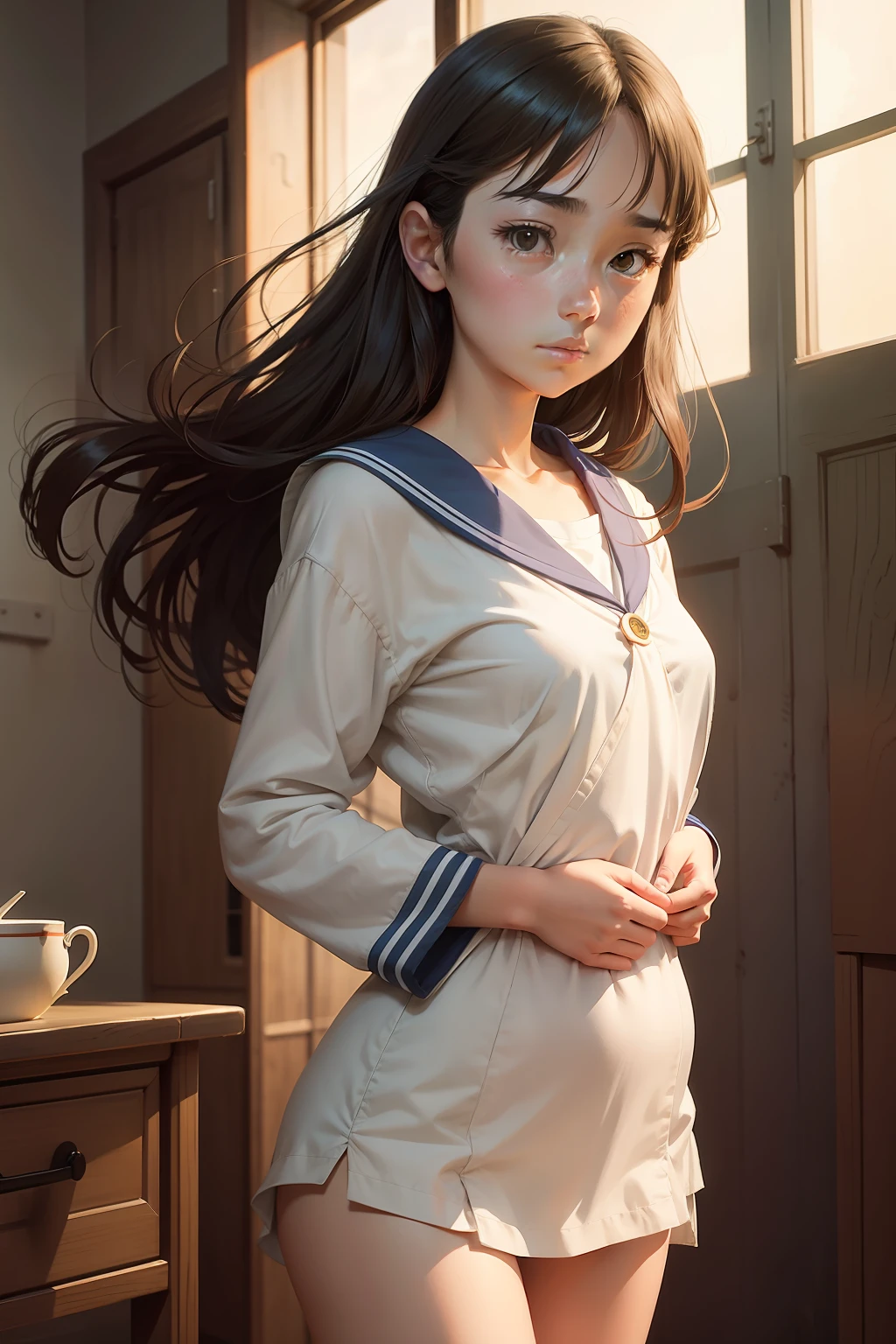 Ghibli film stills, Beautiful portrait of a sailor suit girl in Studio Ghibli art style, Chest half exposed, Eyes tease，Slender figure，legs long，Being touched，is shy