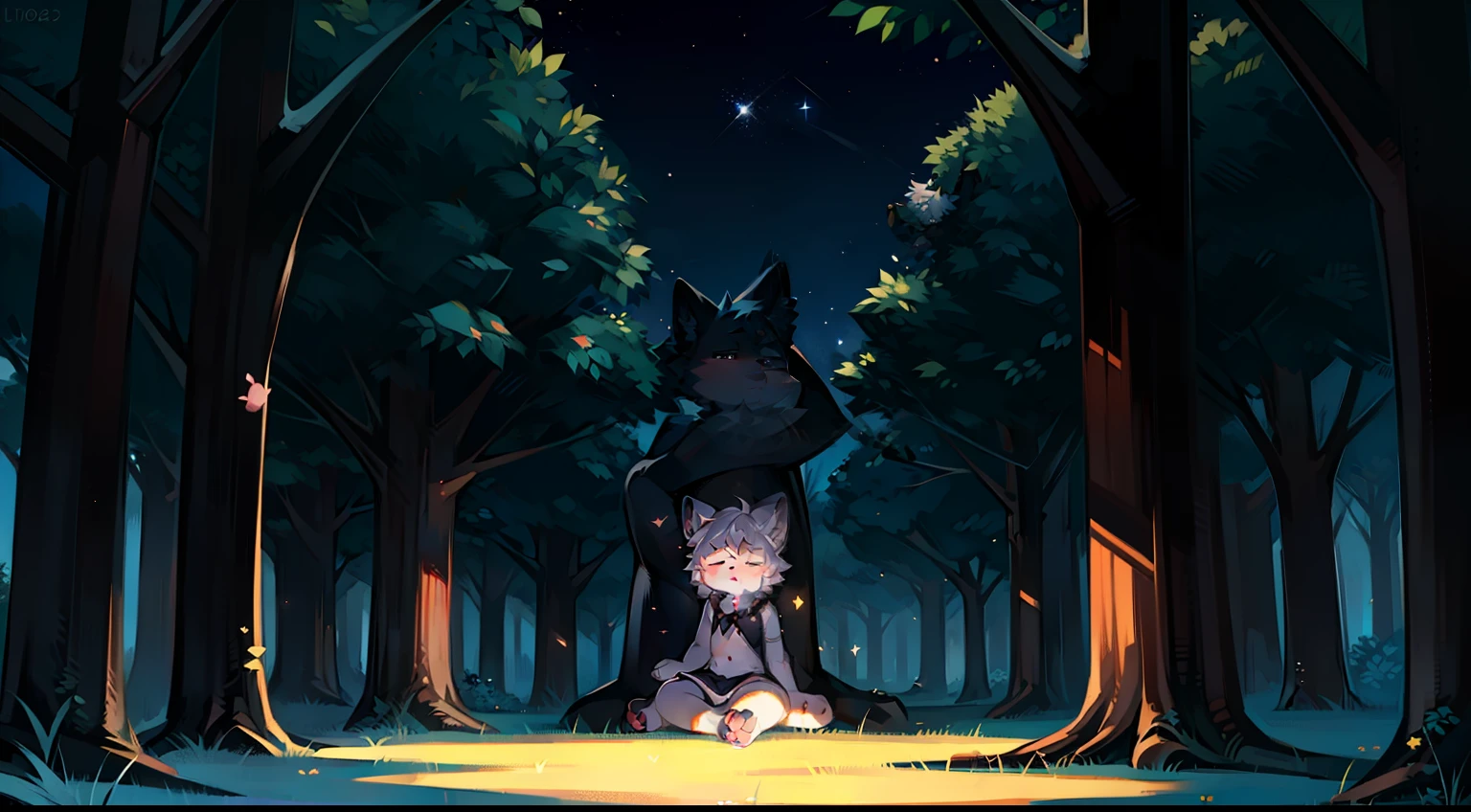 Furry mascot,Lovely image,A black cat,Paw pads, Cute little animals,Fluffy tail,Furry Fur,Cute little animals,Fluffy tail,White hair,Sitting alone under a tree,leaning against the tree trunk,On the lawn of the park,Cubs,is in night,nigh sky, stars,Close-up of cute characters,eye closeds,sleepy,Stretch out,