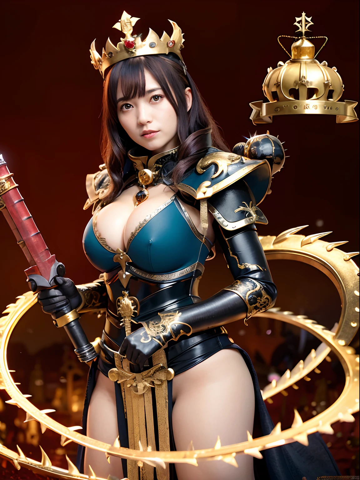 (masutepiece), Professional , masterpiece、top-quality、photos realistic , depth of fields 、(Dragon Black Metal Body:1.9),(Enamel blue-black、(cleavage of the breast)、Dragon Gold Weapon(Dragon Metal Body:1.4),Gorgeous gold weapons ,(( Dragon's dense and gorgeous sword)) , (demonic wings) ,warhammer 40k , adepta sororitas,Detail and gorgeous crown、((Red hair))、(Castle background)、((Gangle's forest background))、Beautiful Caucasian beauty、1a person、dynamic ungle,(((Detailed and ornate Black Devil Crown)))、Smaller head、crazed smile、Castle background、Thin and beautiful female hands、cleavage of the breast、Soldier in iron armor on background、Mystical expression、Light Effects、intense fighting、Wind-effect、magic circles、With the legendary magic wand、Dragon's tail、