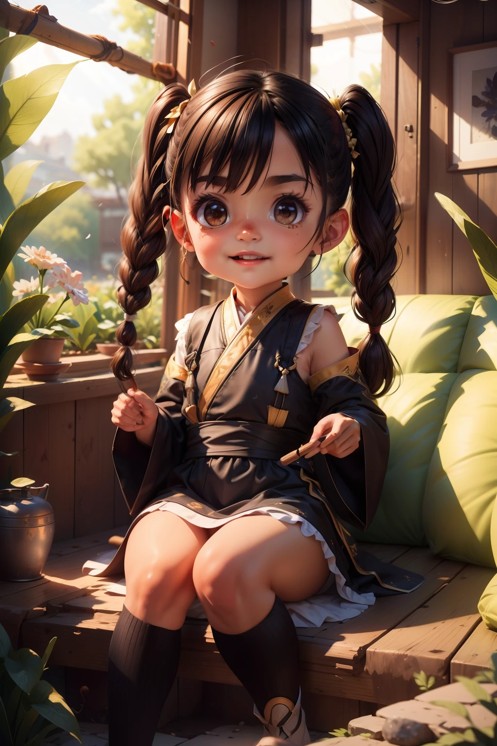 Kizi, Ink fairy, delicated, Light brown eyes, cabelos preto e longos, High ponytail, pigtails, Wings, Extreme light and shadow, Hanfu, palaces, Light, 8k wallpaper, Master painting, petals, lakes, bow and arrows, grin, Black eyes, swing, Perfect quality, Clear focus（Clutter - home：0.8）, （tmasterpiece：1.2） （realisticlying：1.2） （Bokeh） （best qualtiy） （detailedskin：1.3） （complexdetails） （8K） （detailedeyes） （Sharp focus）, （having fun）, chiaroscuro, cinematic lighting, Sony FE GM