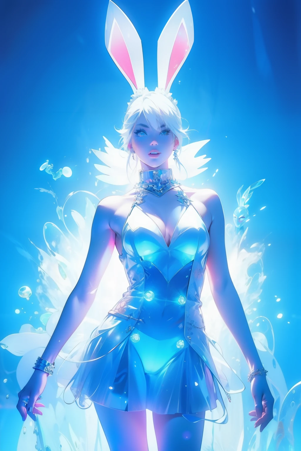 (((edgBunny))),A woman of outstanding figure,Wear a nice miniskirt,Leaking out of both shoulders,jewely,。.3D,Amazing work,Vitreous luster,(((clean backdrop))),High gloss,blue colors,In pink,cyan colors,red colour