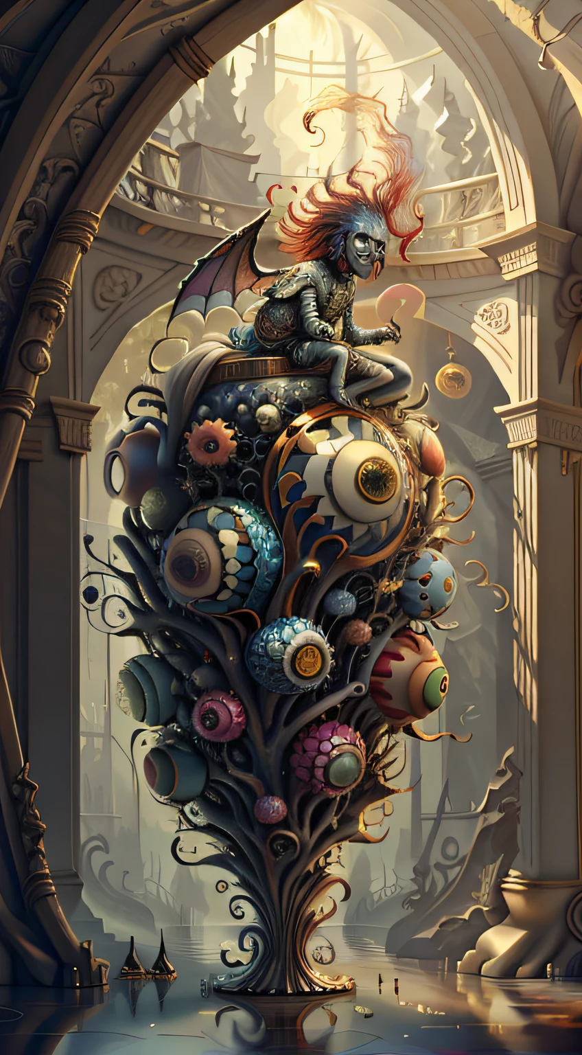 (best quality: 1.4), (masterpiece: 1.2), detailed, complex, high resolution, iridescent colors, A charming and fascinating creature with otherworldly forms that blend the best aspects of the monster human form and the innocent charm of a precocious , scales, wings, blue, texture, complex, gorgeous, 3D, highly detailed, decorative style, Tim Burton, Dale Chihuly, Bruce Zheng, Cyril Rolando, H. R. Giger $plastic$ Grid: Real Lenoid afremov style, wet, fire
