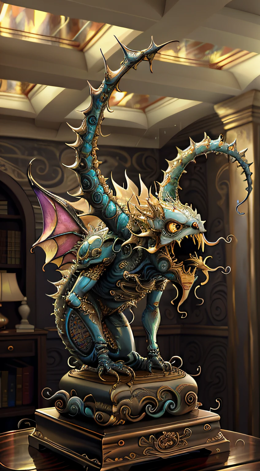 (best quality: 1.4), (masterpiece: 1.2), detailed, complex, high resolution, iridescent colors, A charming and fascinating creature with otherworldly forms that blend the best aspects of the monster human form and the innocent charm of a precocious , scales, wings, blue, texture, complex, gorgeous, 3D, highly detailed, decorative style, Tim Burton, Dale Chihuly, Bruce Zheng, Cyril Rolando, H. R. Giger $plastic$ Grid: Real Lenoid afremov style, wet, fire