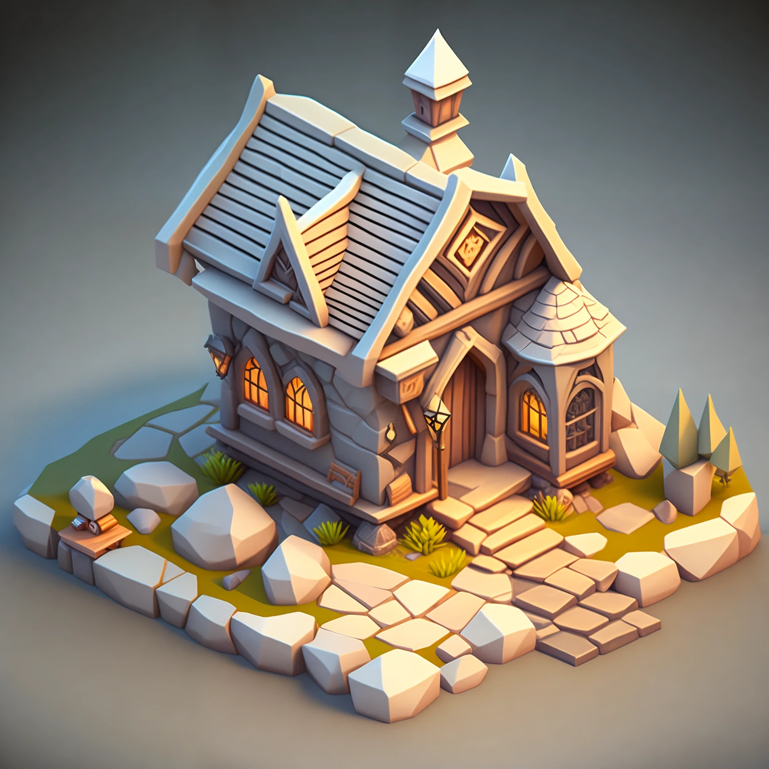 Isometric house, RPG style, Cartoony, DnD, fantasy, mobile game,Primitives,Animal bones,stone,wood