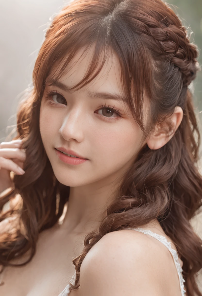 Best quality, long hair bangs curly two side braids loose towards the front, (Brown hair color), 超高分辨率, (Photorealistic:1.4), 1 pure girl, bit girl, (Young), pink puffy , NSFW, ,(Kpop idol), (aegyo sal:1), , (T-shirt shorts), Smiling, Cute, full bodyesbian, hands together in front, Background street, Nature, peaceful neighborhood,(full topless:1.2), Sunlight