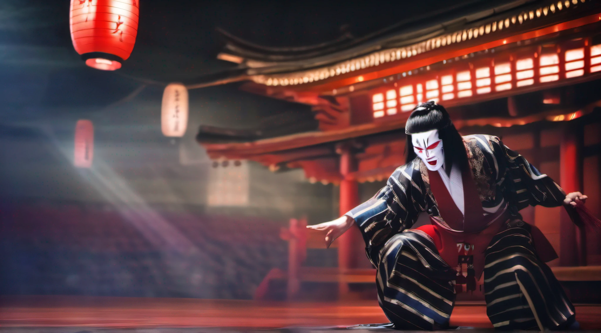 Kabukiza,Kabuki actor,ember,male people,Kime Pose,Long hair,Scary face,The background is the stage,a cool,realisitic,a picture,