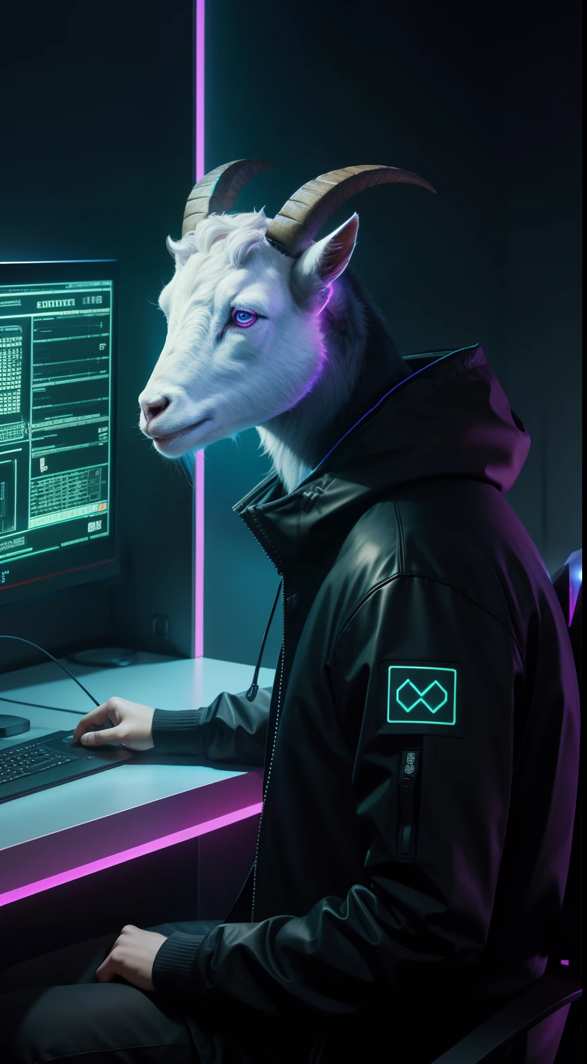 hacker, goat face, matrix, computer, stare at the computer, neon light, Animal Anthropomorphism, realistic digital, humanoid, abstract background, global illumination, intricate, epic, dramatic, masterpiece, high detail, best quality, ultra high res