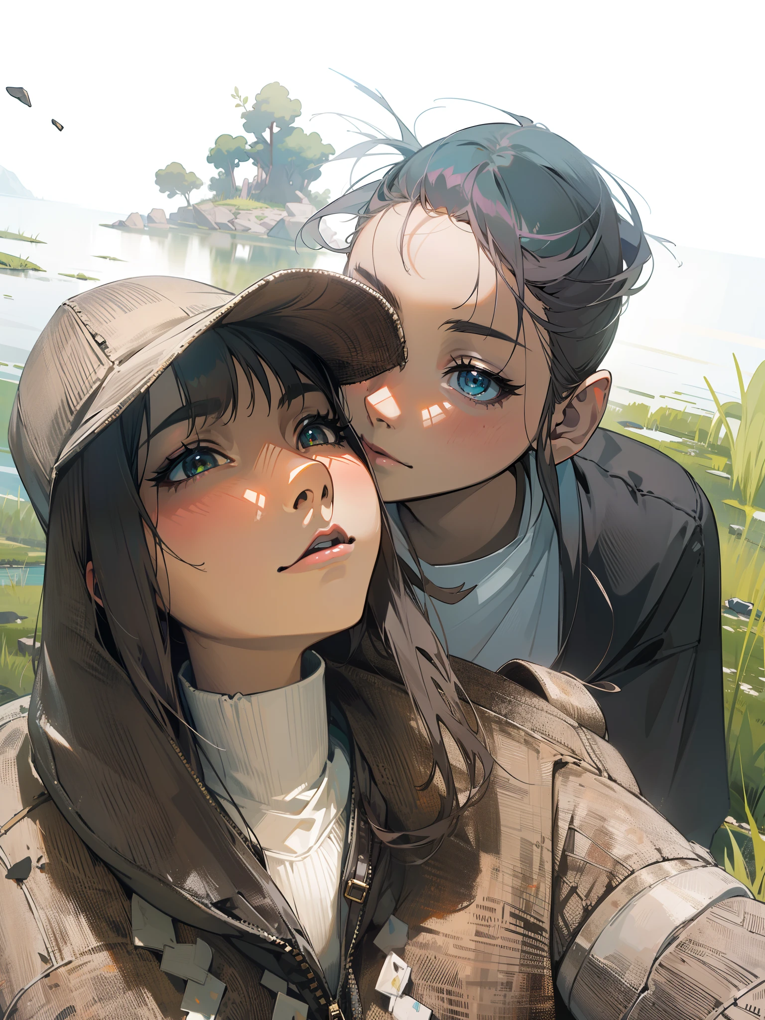 mksks style, (very detailed background:1.0), (highly detailed background:1.0), 1girl, full_body, looking_at_viewer, hoodie, partially_unzipped, masterpiece, best quality, (1girl, solo, girl:1.2), lake, grass, walking on water, jumping, stone ruins, chromatic aberration, depth of field, soft lighting