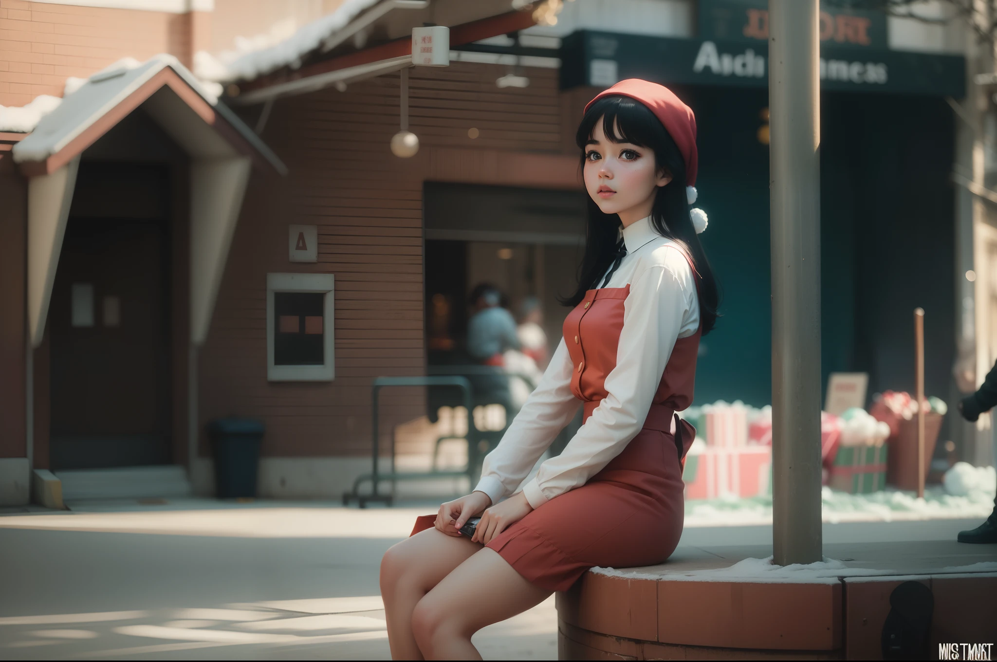 vintage vibe,street photography,retro color grading,beautiful girl,film vibe,brightness ,detail face,christmas