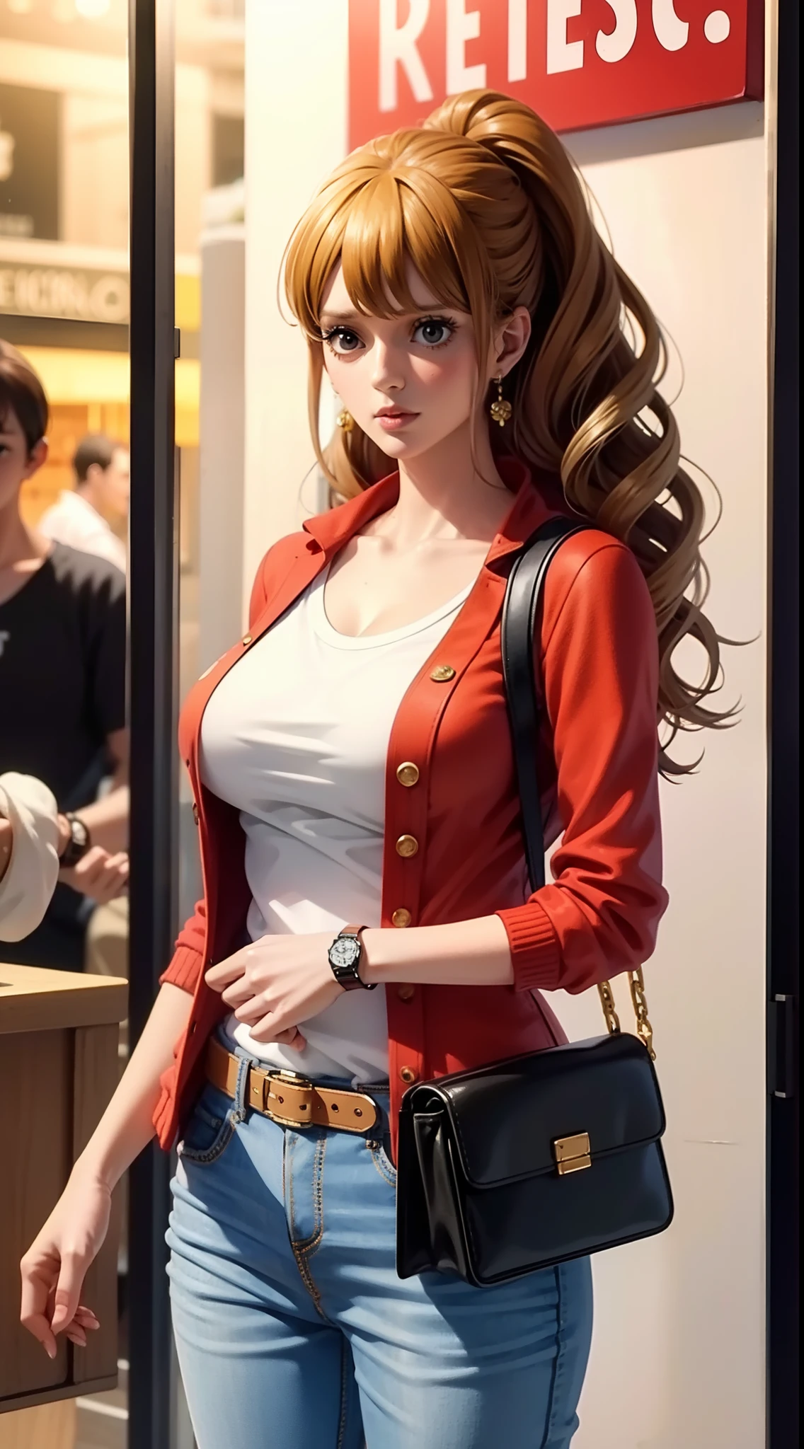 pudding from anime one piece, brown hair, hair tie, bangs, perfect body, perfect breasts, beautiful woman, very beautiful, wearing a white shirt, wearing a red cardigan, red pants, wearing a handbag, wearing a watch, wearing earrings, being in mall, Realism, masterpiece, textured skin, super detail, high detail, high quality, best quality, 1080P, HD, 16k