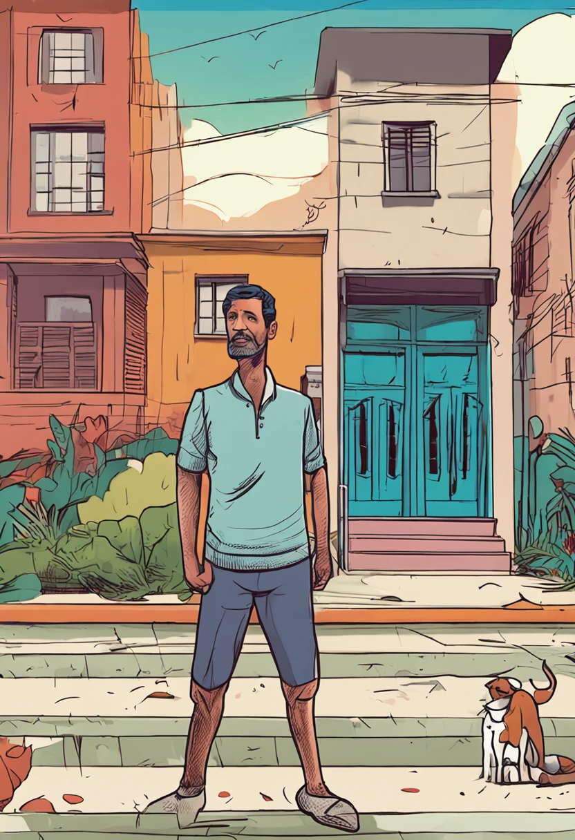 Create an image of Marcos: A white man, 30-year-old São Paulo municipal guard, Marcos, is standing in a middle-class neighborhood in the eastern part of São Paulo. He is wearing his immaculate navy blue uniform, but his face is troubled. He grew up in a strict household, and he has always followed the rules to the letter. However, he is starting to feel like something is missing. He wants to find a way to live his life with more compassion.In the foreground, Marcos is standing in front of a row of houses. The houses are well-kept, with neatly trimmed lawns and colorful flowers. In the background, a church steeple rises above the treetops.Marcos is looking down at his feet, lost in thought. He is struggling to come to terms with his new sense of purpose. He knows that he wants to make a difference in the world, but he is not sure how to start.