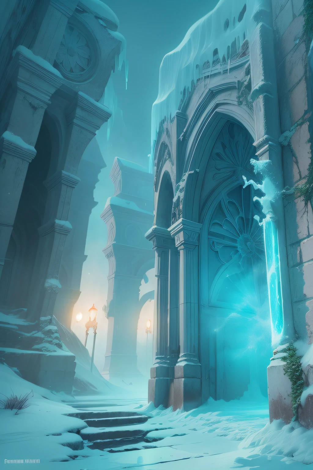 A frosty runeblade enveloped by icy mist, freezing air swirls around glowing blue etched ruins