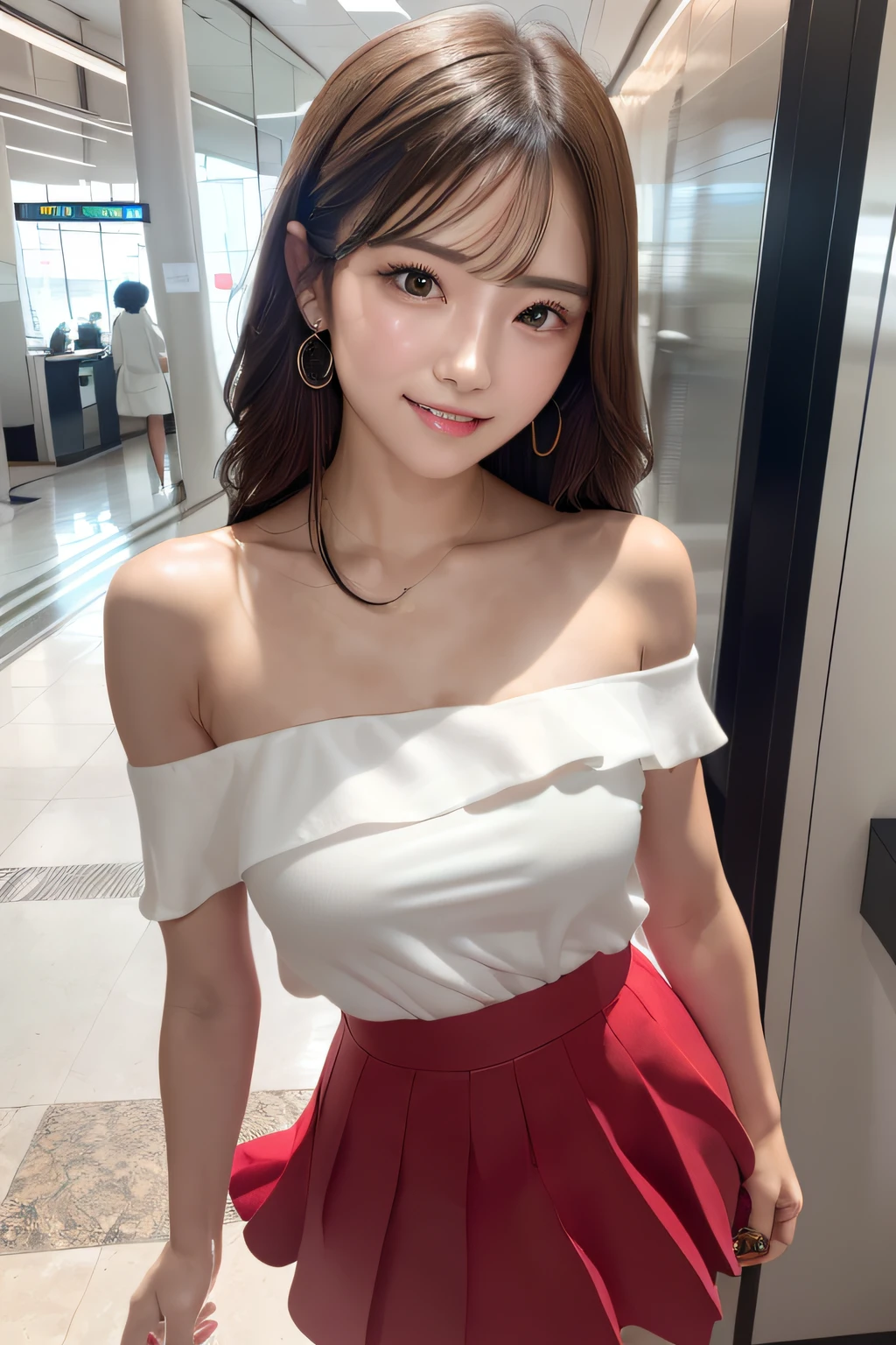 (masterpiece:1.3), high resolution, ultra detailed, extremely detailed CG unity 8k wallpaper, realistic, photo-realistic, RAW photo, beautiful detailed face, pale skin, realistic glistening skin, detailed cloth texture, detailed hair texture, Perfect body, Beautiful Face, accurate, Anatomically correct, Highly detailed face and skin texture, natural neck length, (beautiful hands), (fair skin:1.2), Thin legs, Thin feet, 
BREAK, 
Detailed eyes, symmetric eyes, Light Brown eyes, Double eyelids, Thin eyebrows, (Glossy lips:1.4), ((gently smile:1.2)), (blush:1.1),
BREAK, 
(A Classy and Cute girl:1.3), wearing a classy (White one shoulder cutout tops:1.2), classy (Red long ruffled skirt:1.2), 
medium large breasts, (slender figure:1.1), firm abs, beautiful clavicle, 
(Dark blonde hair, wavy hair, long hair:1.2), ((asymmetrical bangs:1.2)), 
BREAK, 
Standing, ((Pose to silence:1.3)), 
((in the entrance of Tokyo station)), (Cowboy shot:1.2), looking sideway at viewer, from front:0.65,