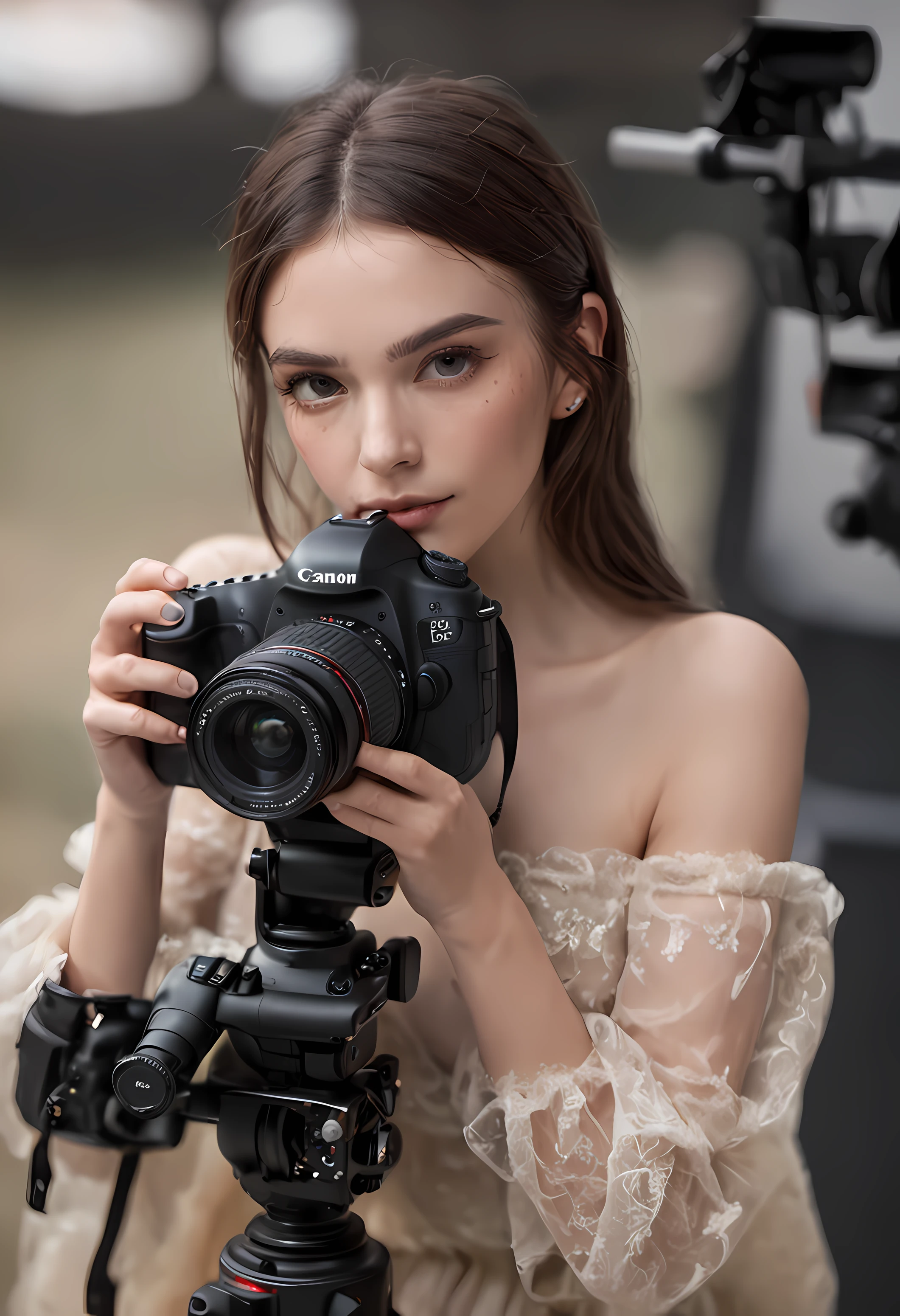 A woman sitting next to a table with sophisticated state-of-the-art equipment, mesa de som, mesa de estudio de videomaker, estilo Android, girl in studio, 8 K, Traje no estilo cyber-punk
