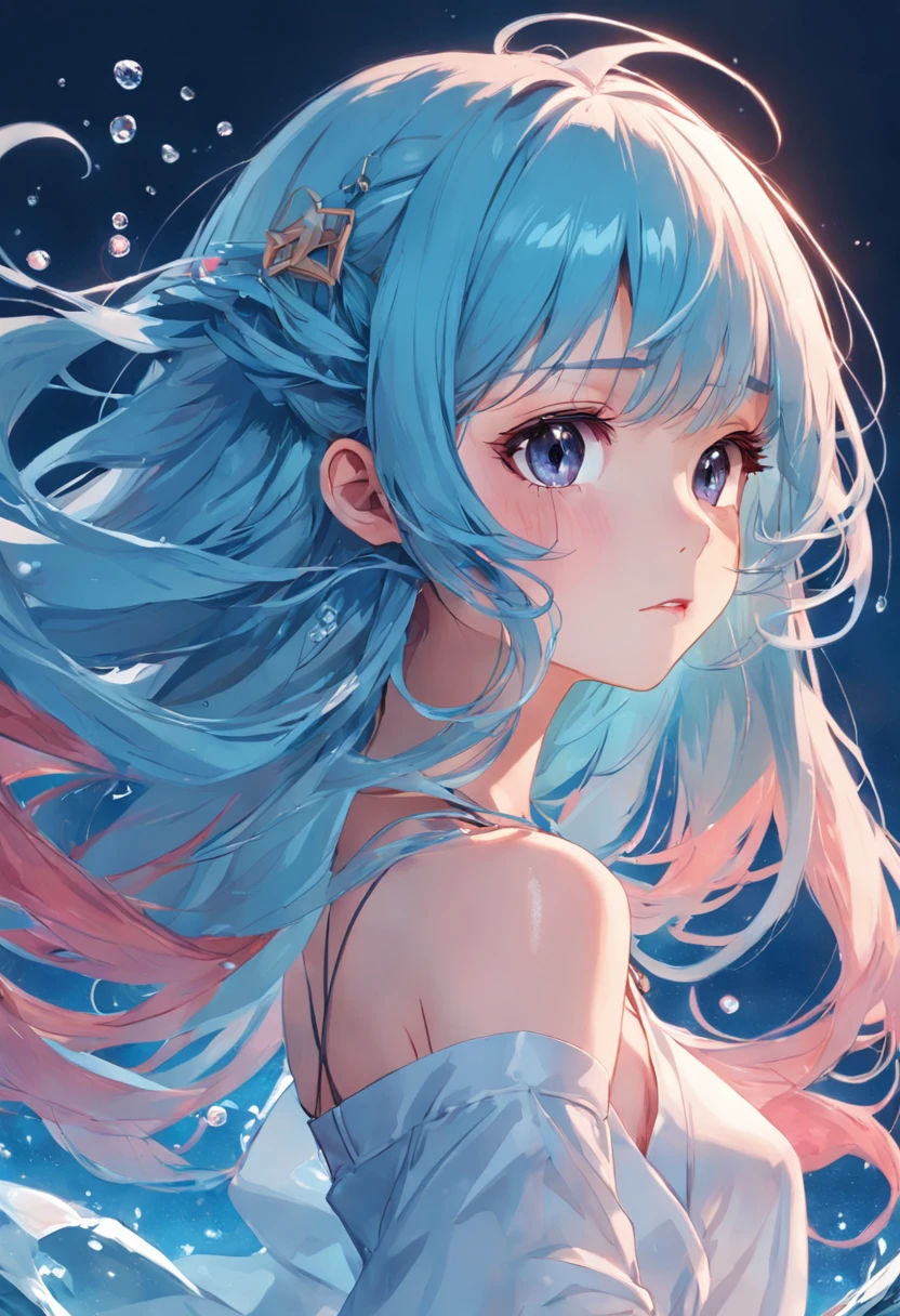 (Masterpiece), (Best quality), (Ultra detailed),(disheed hair),(illustration), (1girll), (Fashionable clothing), schoolgirls, Fashion model, (Simple background),美丽细致的眼睛，Delicate beauty，afloat，（high saturated），（Colorful splashes），Colorful bubbles，（Shine），Focus on the face，lightblue hair，By bangs，Hair rings，Floating flowers，floated hair，（Shiny），best illuminate，Best shadow，