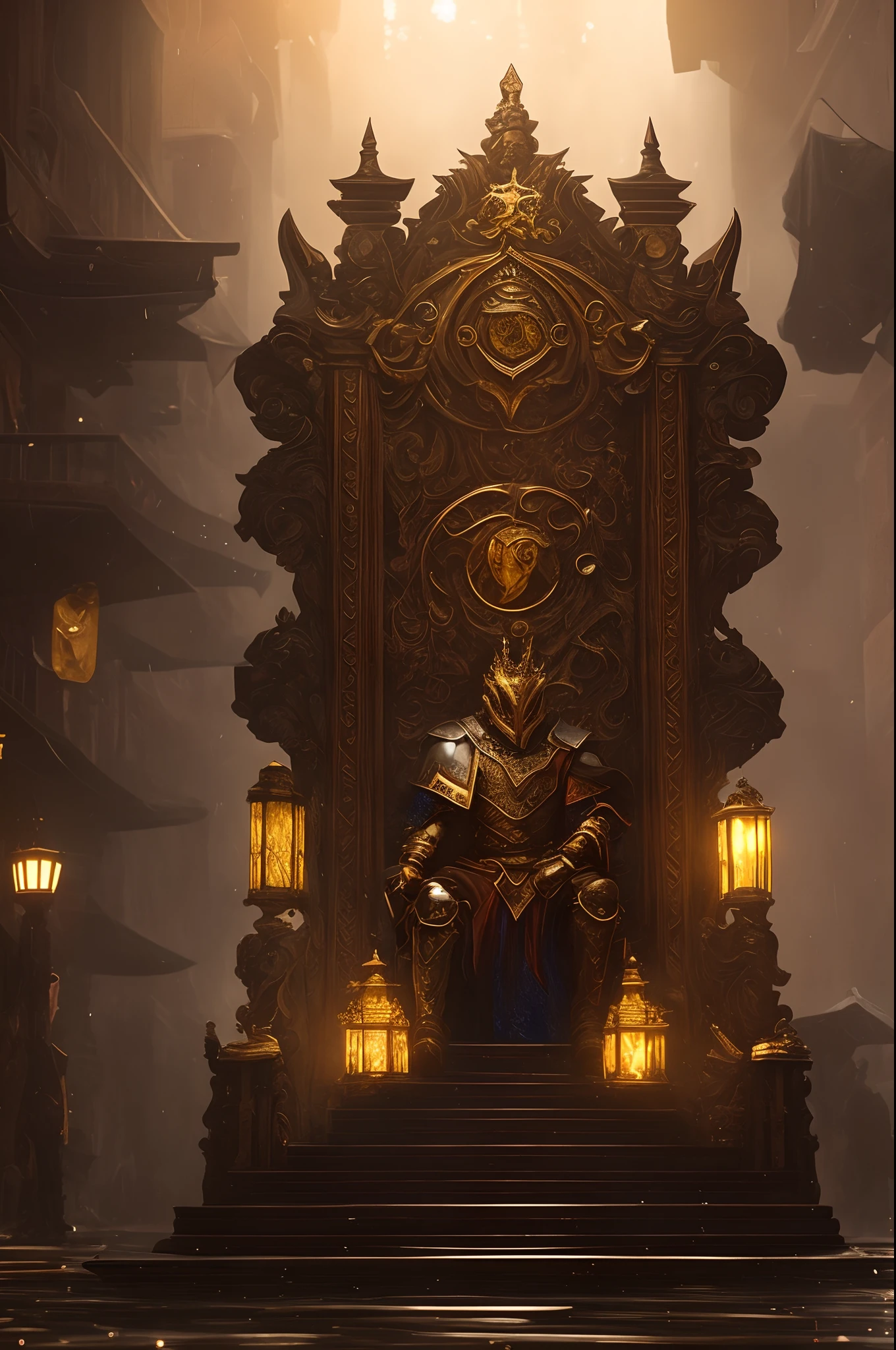 A handsome BDSM king sitting on the throne in the heart of Glas city, the throne is a very wet place full of puddles and leaks, majestuoso, intimidante, armadura ornamentada, Corona Real, fondo borroso, natural lighting, pelo corto dos coletas, Mirando al espectador, con dos panteras con ojos rojos, muy brillante, Frente, sentado a ambos lados del trono, hiperreal, tension, cold, Altamente detallado, Sharp focus, profesional, 8k UHD, cinematic, oscuro, violento , 8K altamente detallado