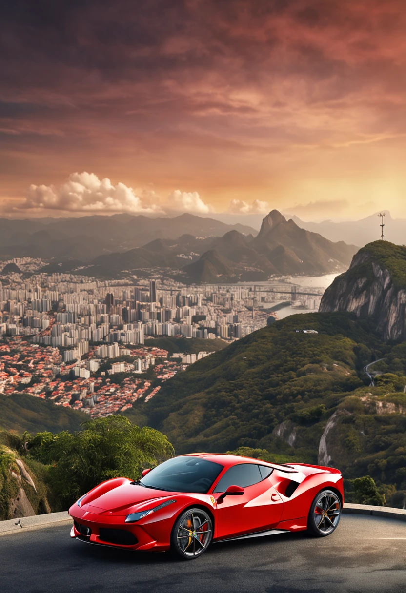 (Best quality, 8k, Masterpiece :1.2), hyper realistic, an red Ferrari 488 at a montain, city of rio de janeiro Brazil in background, The Redeemer Christ view, and a beautifull brown hair girl with sport clothes looking at landscape