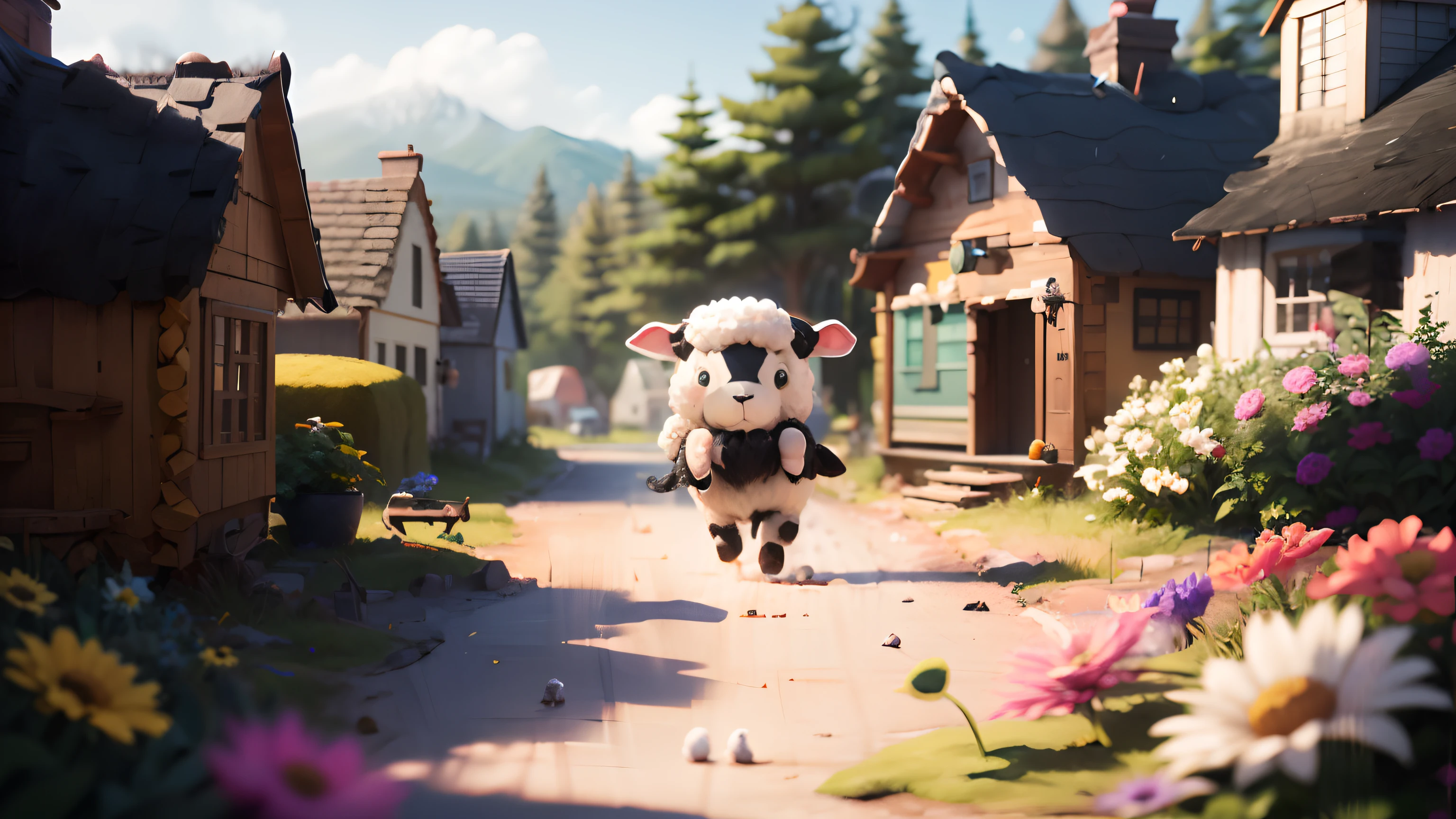 (cute world of wool felt, wool knitted fabric, cartoon), ONE sheep with black skin and dark fur walking bouncy and happy, some small houses, farms, flower houses, flowers, stones, trees, super cute, superb lighting, volumetry, by Jon Klassen, Ghibli Studio style, Tilt-shift, 80mm lens, large aperture, 3d, blender, masterpiece, super detail, better quality, --v6