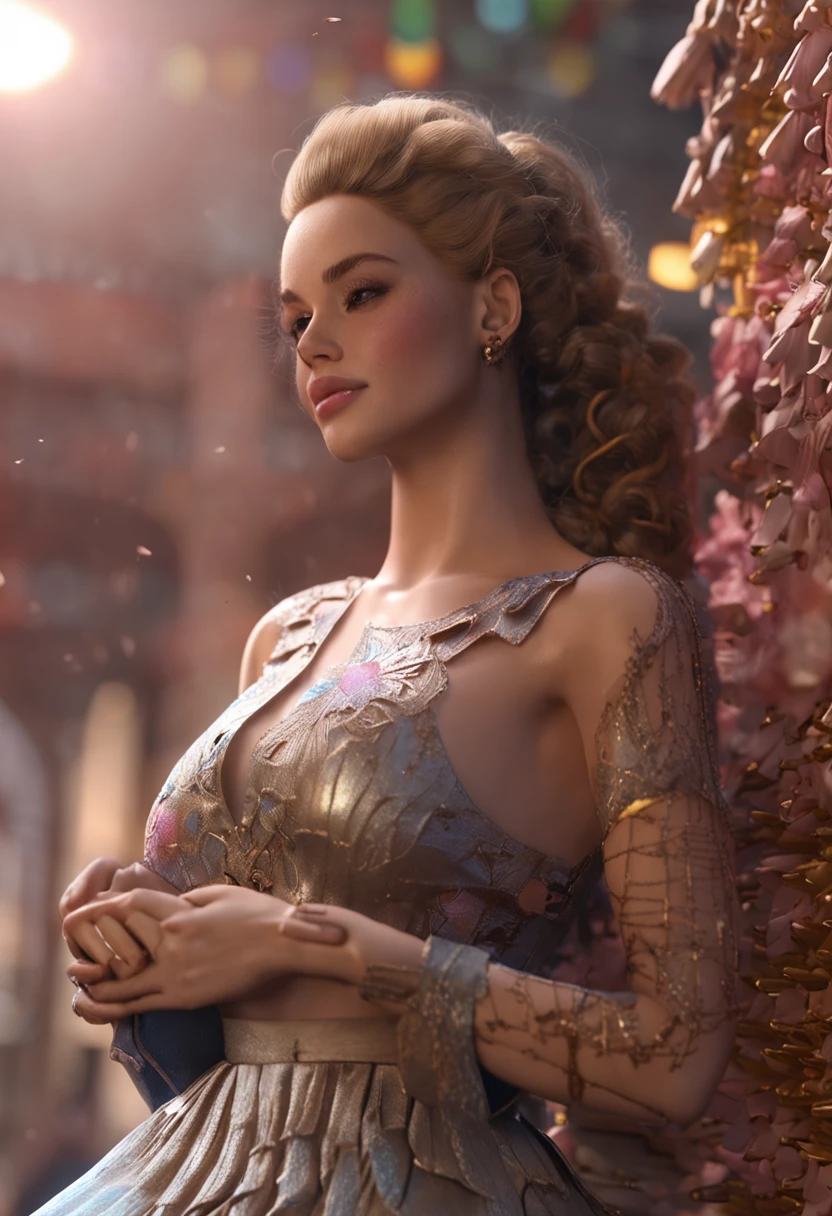 Masterpiece, Best quality, (Realistic, photo-realistic:1.37), An extremely delicate and beautiful, Amazing, finedetail, Ultra-detailed, Extremely detailed, Beautiful detailed girl, 1girll, (perfect women figure), full bodyesbian, Huge breasts,fullbody,short-skirt，Beehive Bun