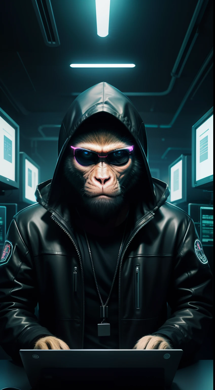 hacker, monkey face, matrix, computer, stare at the computer, neon light, Animal Anthropomorphism, realistic digital, humanoid, abstract background, global illumination, intricate, epic, dramatic, masterpiece, high detail, best quality, ultra high res