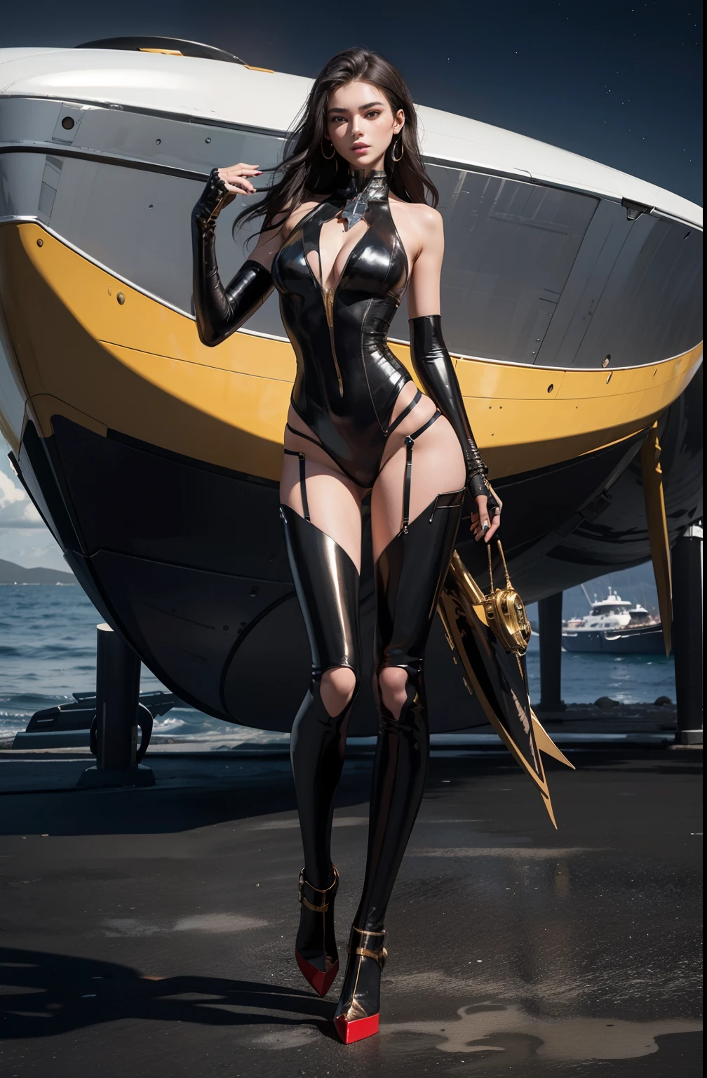 32k,Ultra high quality,ultra-clear,best qualtiy,Refined face,18-year-old girl,Slim body,A body made of red black yellow purple gold metal,Larger bust,Metallic structural skeleton,beachside,Stand up,sea beach,There are huge spaceships floating in the air,cyber punk perssonage,Sci-fi,Full body frontal photo,Hate the sky,high-heels,long necks,There are collarbones