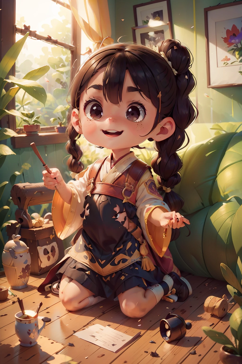 Kizi，Ink fairy，delicated，Light brown eyes，cabelos preto e longos，High ponytail，pigtails，Wings，Extreme light and shadow，Hanfu，palaces，Light，8k wallpaper，Master painting，petals，lakes，bow and arrows，grin，Black eyes，swing， Perfect quality，Clear focus（Clutter - home：0.8）， （tmasterpiece：1.2） （realisticlying：1.2） （Bokeh） （best qualtiy） （detailedskin：1.3） （complexdetails） （8K） （detailedeyes） （Sharp focus）,（having fun）