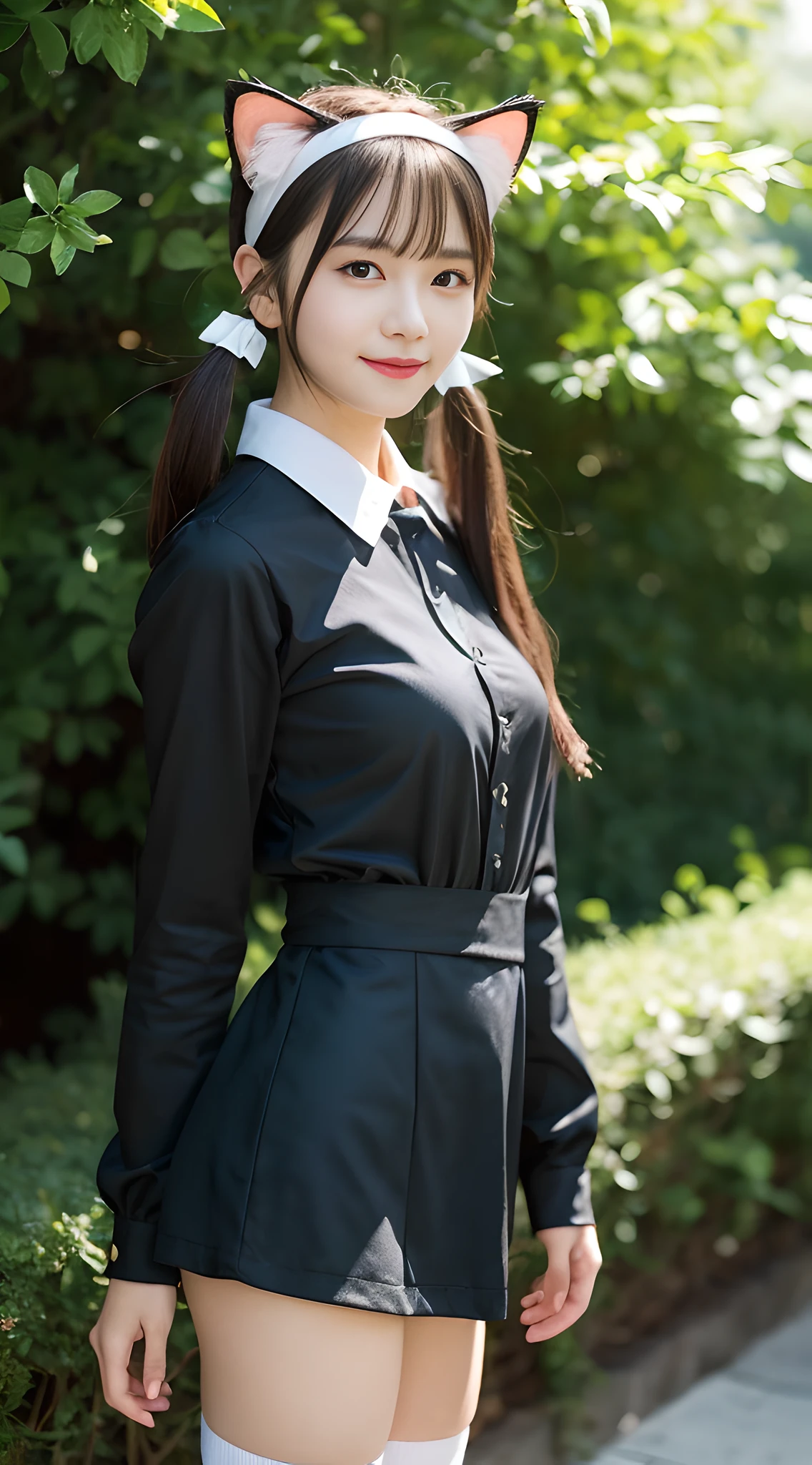(1girl), cute, , looks pure, 4k, RAW photo, (photo realistic:1.37), ultra high res, best quality, small round face, big eyes, extremely detailed face, extremely detailed eyes, slender, slender legs, slim long legs, from below, depth of field, (background:luxury condominium:1.1), shy smile, blush, professional lighting, photon mapping, shiny skin, face lights, natural shading, Very realistic skin texture, BREAK (wearing miniskirt maid uniform1.1), (wearing thigh-high socks:1.1), BREAK (wearing cat ear headband and cat tail:1.3), BREAK (long black hair with twin tail and bangs),