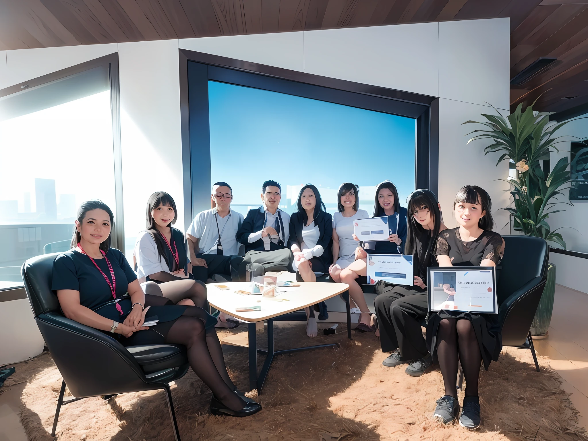 several people sitting in chairs holding up certificates in a room, group photo, captured on iphone, in office, taken in 2 0 2 0, photo taken in 2 0 2 0, 🤬 🤮 💕 🎀, :3, in house, in the background, 8k)), with many travelers, corporate photo, f 2. 0, in the office, AI filter, anime style, warm light