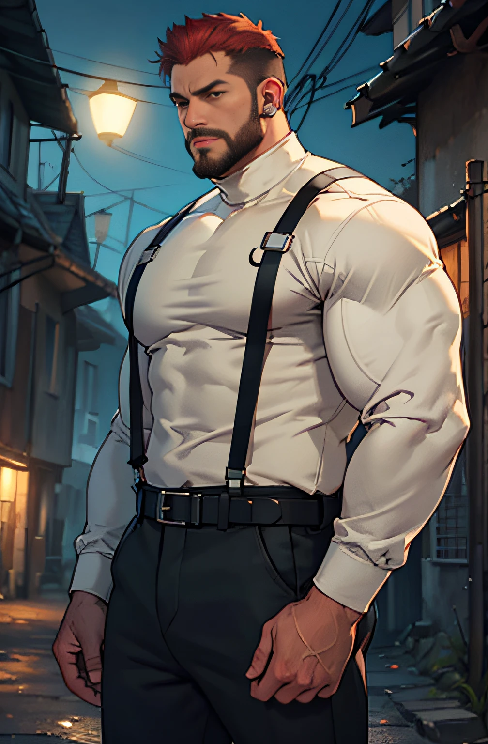 old countryside village in the background, old mature muscular male, redhead, red hair, red beard, thick beard, full beard, green eyes, 48 year old, muscular male, tall and hunk, biceps, abs, chest, all black cold turtleneck, long sleeves, black trousers, suspenders, earpiece, belt, thick beard, cracking the hand's knuckles, cold face, video games style, high resolution:1.2, best quality, masterpiece, dark nightime, dark atmosphere, shadow, upper body shot