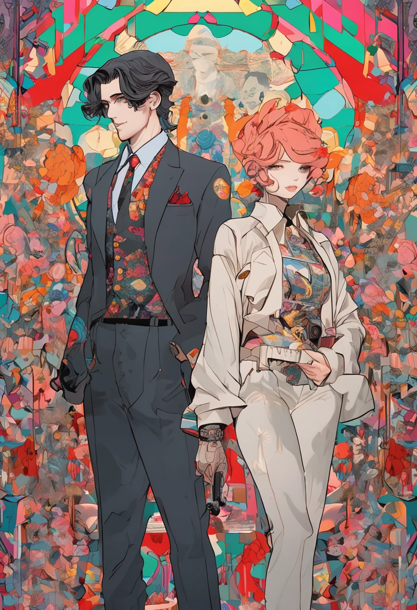 cover_page,cover,Japanese character, twin idols,beautifull multi color hair, wearing mafia suits, 1 sitting in a chair the other standing next to it (photorealistic:1.4), official art, unity 8k wallpaper, ultra detailed, beautiful and aesthetic, masterpiece, best quality, (organic, geometric, harmonious, kaleidoscopic), otherworldly, transcendent realms, inner peace, nature's embrace, magnetic allure, dark and mysterious, a cubist perspective, rich textures, art nouveau, by alphonse mucha, jenny saville, hikari shimoda, ai weiwei, banksy, gustav klimt, egon schiele, yayoi kusama, roy lichtenstein, julie mehretu, immersive, play of light and darkness, (nsfw:0.9),(see-through|areola slip|lip:0.9),thighs, (deep shadow, low key), , pureerosface_v1,