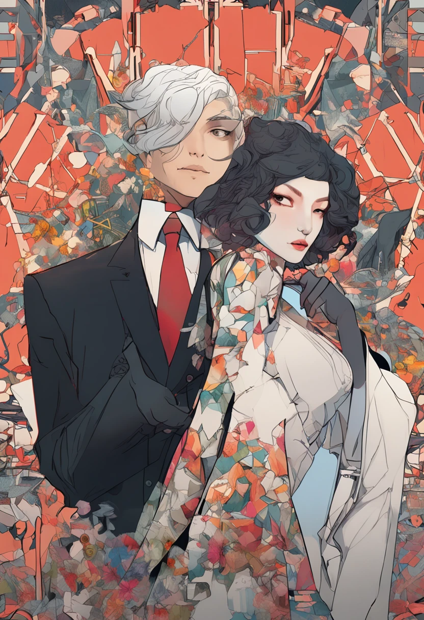 cover_page,cover,Japanese character, twin idols,beautifull multi color hair, wearing mafia suits, 1 sitting in a chair the other standing next to it (photorealistic:1.4), official art, unity 8k wallpaper, ultra detailed, beautiful and aesthetic, masterpiece, best quality, (organic, geometric, harmonious, kaleidoscopic), otherworldly, transcendent realms, inner peace, nature's embrace, magnetic allure, dark and mysterious, a cubist perspective, rich textures, art nouveau, by alphonse mucha, jenny saville, hikari shimoda, ai weiwei, banksy, gustav klimt, egon schiele, yayoi kusama, roy lichtenstein, julie mehretu, immersive, play of light and darkness, (nsfw:0.9),(see-through|areola slip|lip:0.9),thighs, (deep shadow, low key), , pureerosface_v1,