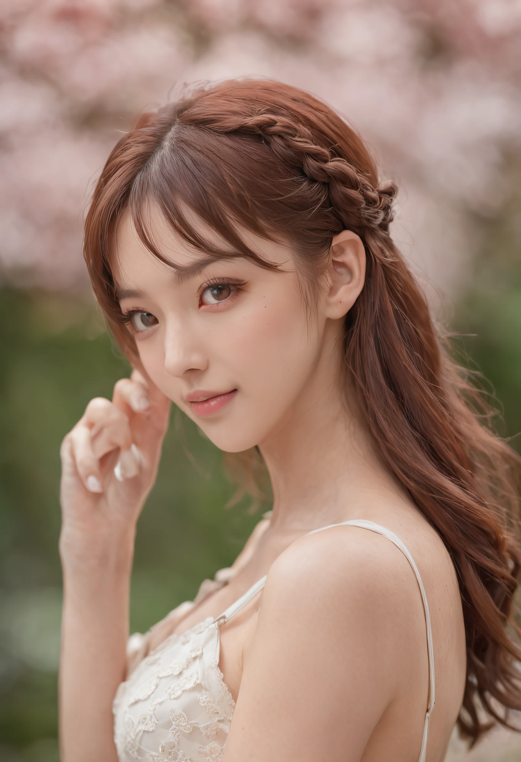 Best quality, long hair bangs curly two side braids loose towards the front, (Brown hair color), 超高分辨率, (Photorealistic:1.4), 1 pure girl, bit girl, (Young), pink puffy , NSFW, ,(Kpop idol), (aegyo sal:1), , (T-shirt shorts), Smiling, Cute, full bodyesbian, hands together in front, Background street, Nature, peaceful neighborhood,(full topless:1.2), Sunlight
