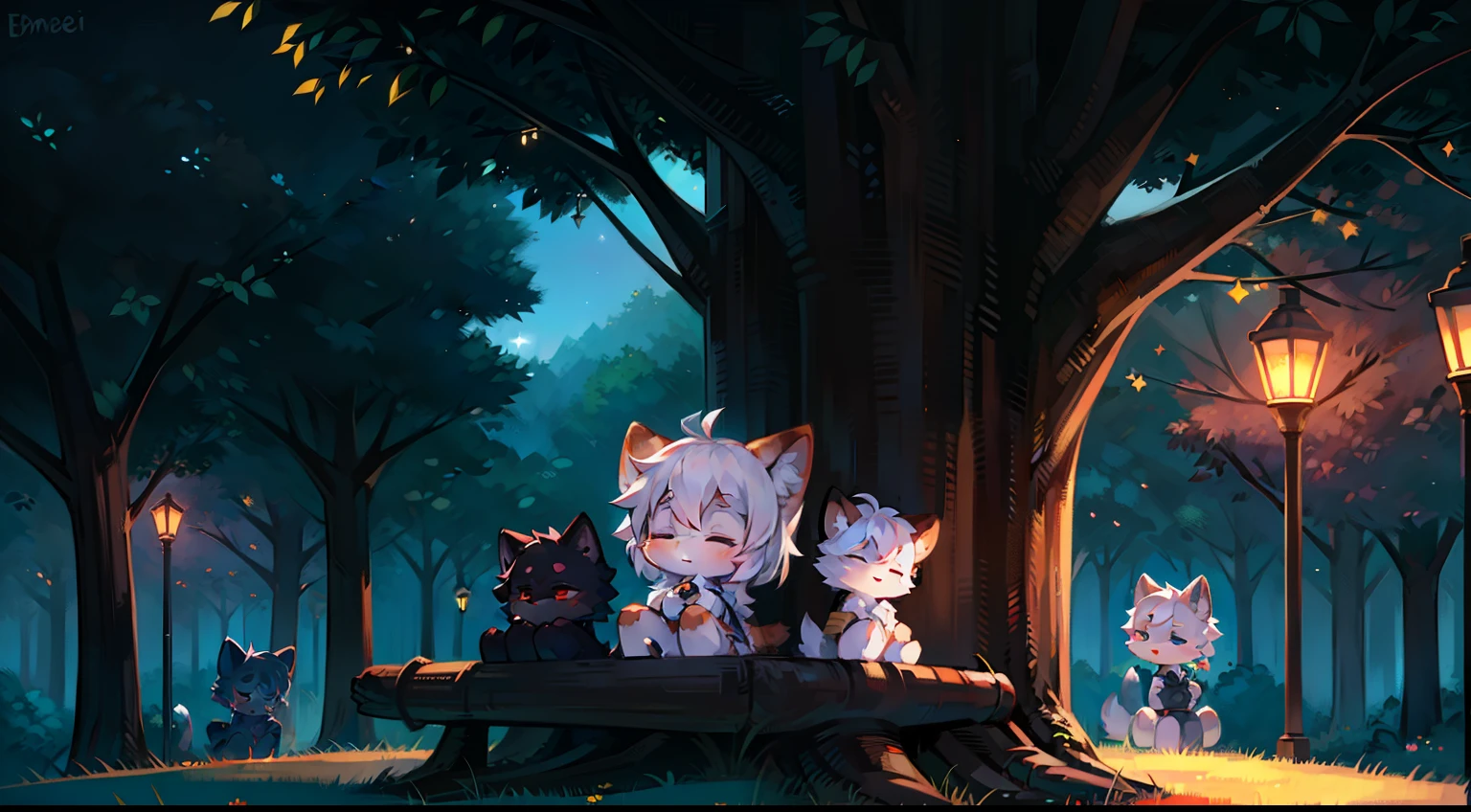 Furry mascot,Lovely image,A black cat,ember, Cute little animals fluffy,Furry Fur,Cute little animals,Fluffy tail,White hair,Sitting alone under a tree,leaning against the tree trunk,On the lawn of the park,Cubs,is in night,nigh sky, stars,Close-up of cute characters,eye closeds,Sleepy,Stretch out,