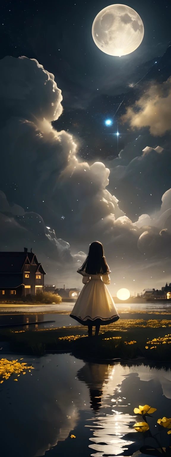 One in a white dress(bit girl:1.5)Look up at the stars,(Stand on the shore:1.1),at the lakes,facing away from the audience,Dark black(Long flowing hair:1.2),The vast night sky has many shining stars,(A round of brilliance(themoon:1.2)Hang high in the night sky),The clear moonlight rippled through the clouds on the water,(The reflection of the ancient town buildings appears on the water),The surface of the water is illuminated by moonlight,Boats on the river,(ultra-wide-angle),(The vertical picture is wide),(Highlight the vastness of the night sky),(Map of Jiangnan Water Town),There is a visual effect of the wind blowing in the air,From the bottom point of view,Melancholic tones,(There are small yellow flowers:1.1),(light and shadow effect),(Depth of field effect),(Tyndall),(Light particle tracing),(Motion picture film effects),(rendering by octane),(CG),(Cinematic lighting visuals),(vivd colour),(Obvious layers),(Photography Award),(8k wallpaper),(Master painting),(Masterpiece),(best qualtiy), photorealestic,realisticlying,Ray