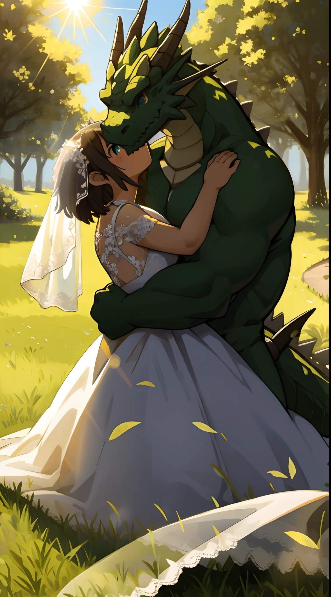 highres, top quality, best quality, paid reward available, High-quality illustrations, unparalleled masterpiece, grass field, absurdres, height difference, large dragon hugs girl((wedding Photo of a Dragon and human girl))girl, wedding dress, girl hugs dragon, Shy laughter, torogao, happy, kiss(beautiful detailed eyes and face)caustics, dynamic lighting, deep shadow, lens flare,