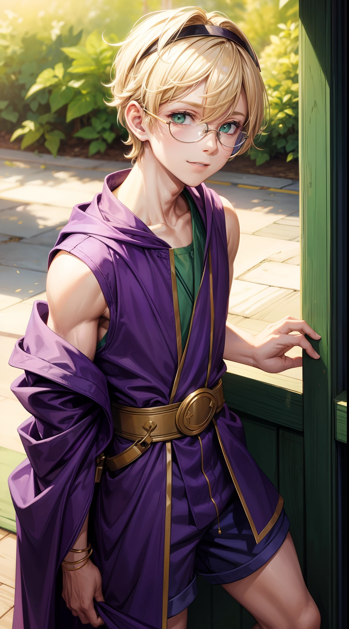 young boy, short blonde hair, Green eyes, Purple robe, Sleeveless, Shorts, pilot's glasses on his head, ssmile, Masterpiece, hiquality