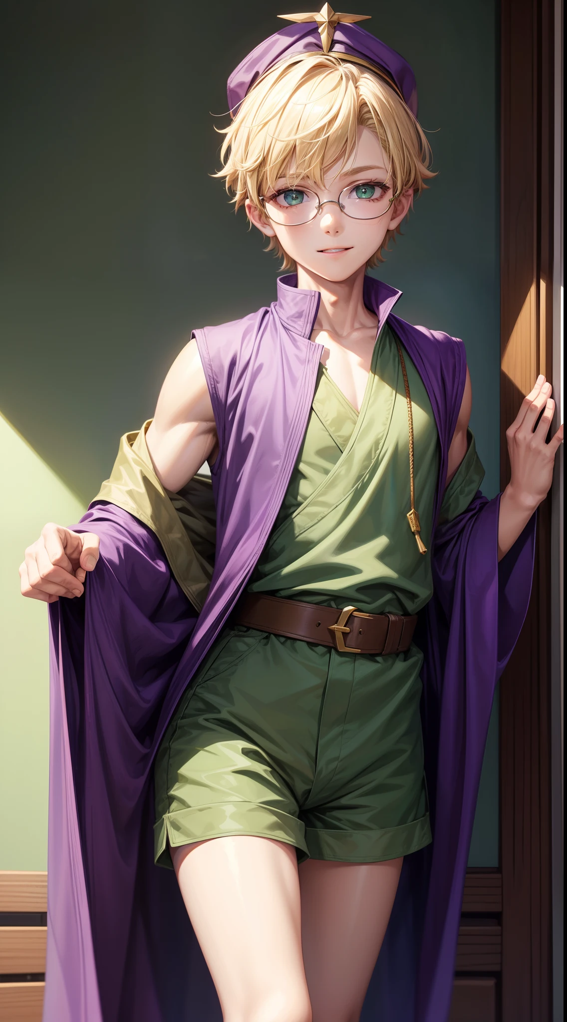 young boy, short blonde hair, Green eyes, Purple robe, Sleeveless, Shorts, pilot's glasses on his head, ssmile, Masterpiece, hiquality