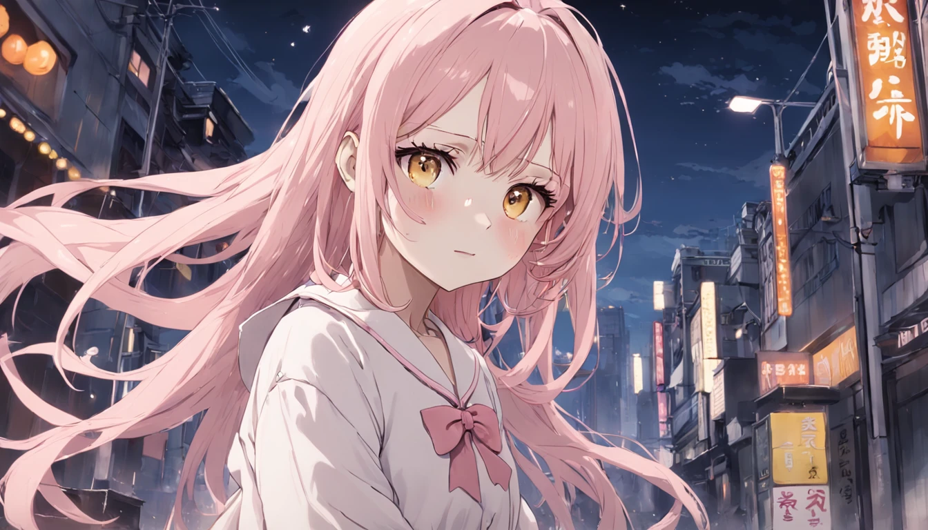 Gentle and beautiful maiden, Tall girl, Long soft pink hair,By bangs, Large pale yellow eyes, Lovely look, blushing slightly, Wear a plain white shirt, Wear it with a light yellow cardigan, and light pink, Skirt Wear white knee-length stockings, and black school shoes, The skin is really shallow, Long eyelashes, Several basic white hairpins are worn on his hair, Wear a gold bracelet, Thermoformed body
